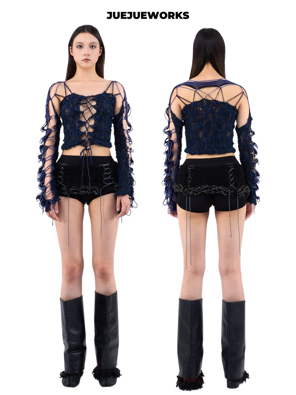 JUEJUEWORKS Reversible Lace-Up Mesh Knit Long Sleeve Top, Slim Fit Handmade Textured Knit