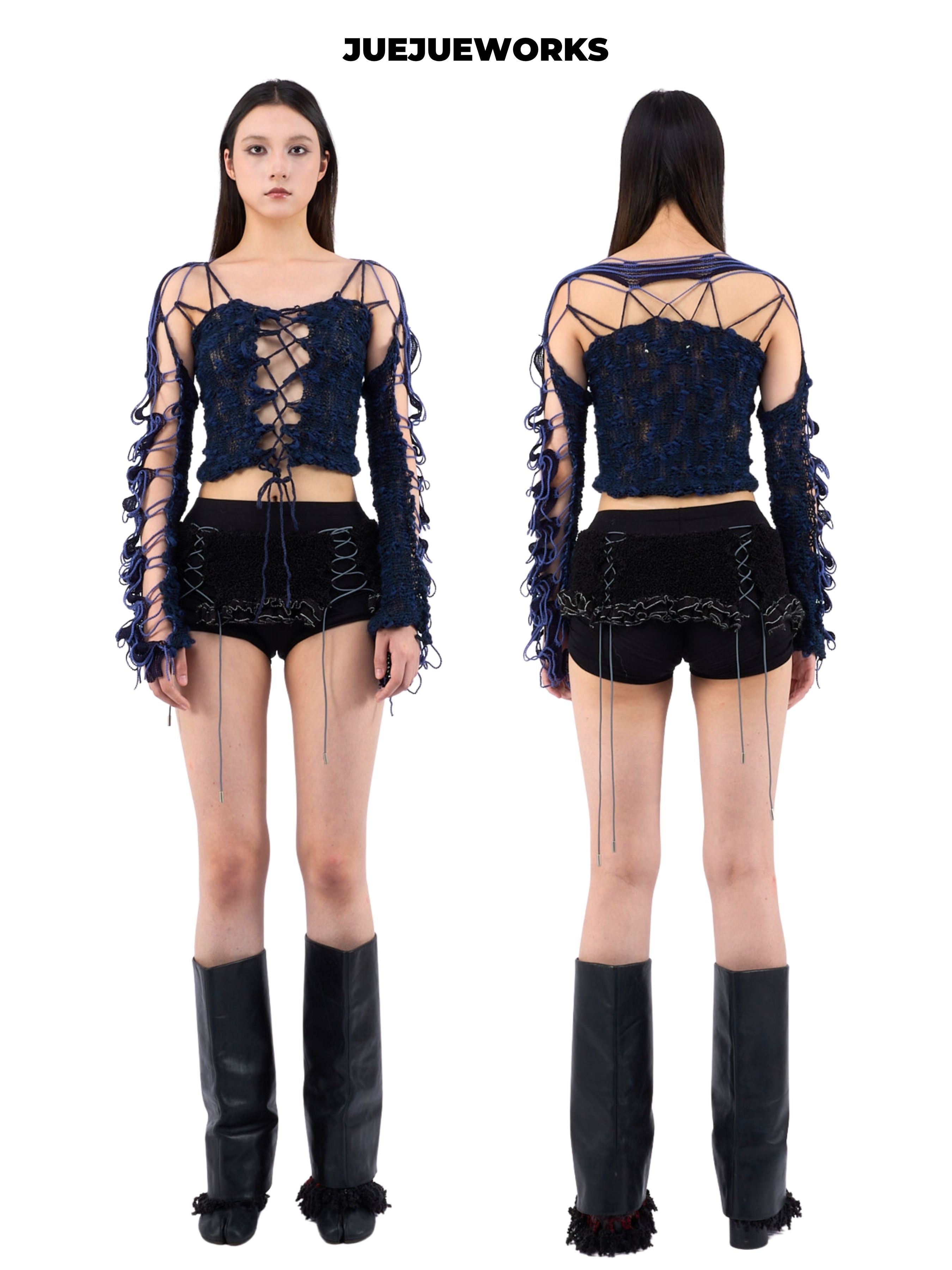 JUEJUEWORKS Reversible Lace-Up Mesh Knit Long Sleeve Top, Slim Fit Handmade Textured Knit