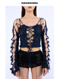 JUEJUEWORKS Reversible Lace-Up Mesh Knit Long Sleeve Top, Slim Fit Handmade Textured Knit