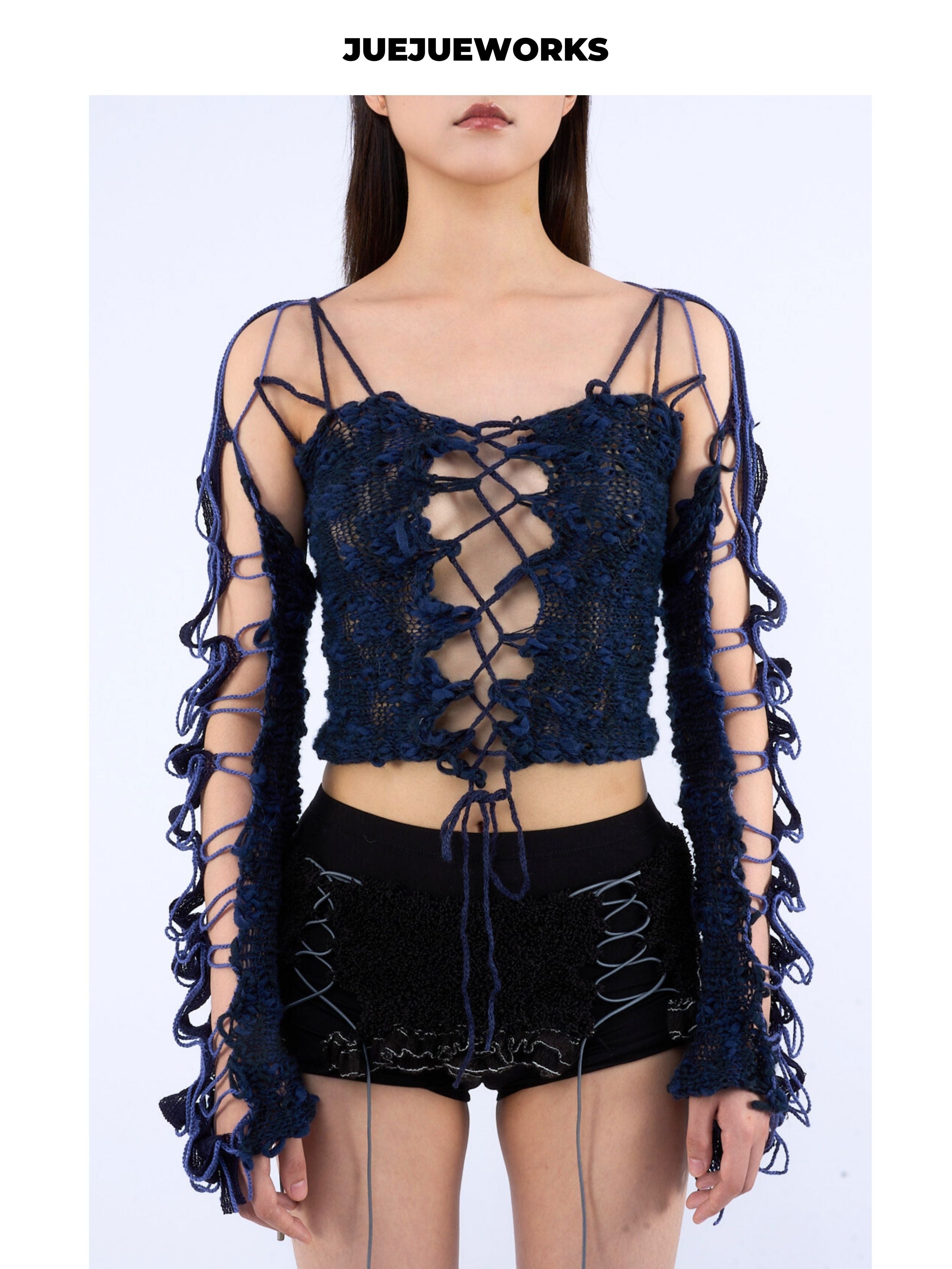 JUEJUEWORKS Reversible Lace-Up Mesh Knit Long Sleeve Top, Slim Fit Handmade Textured Knit