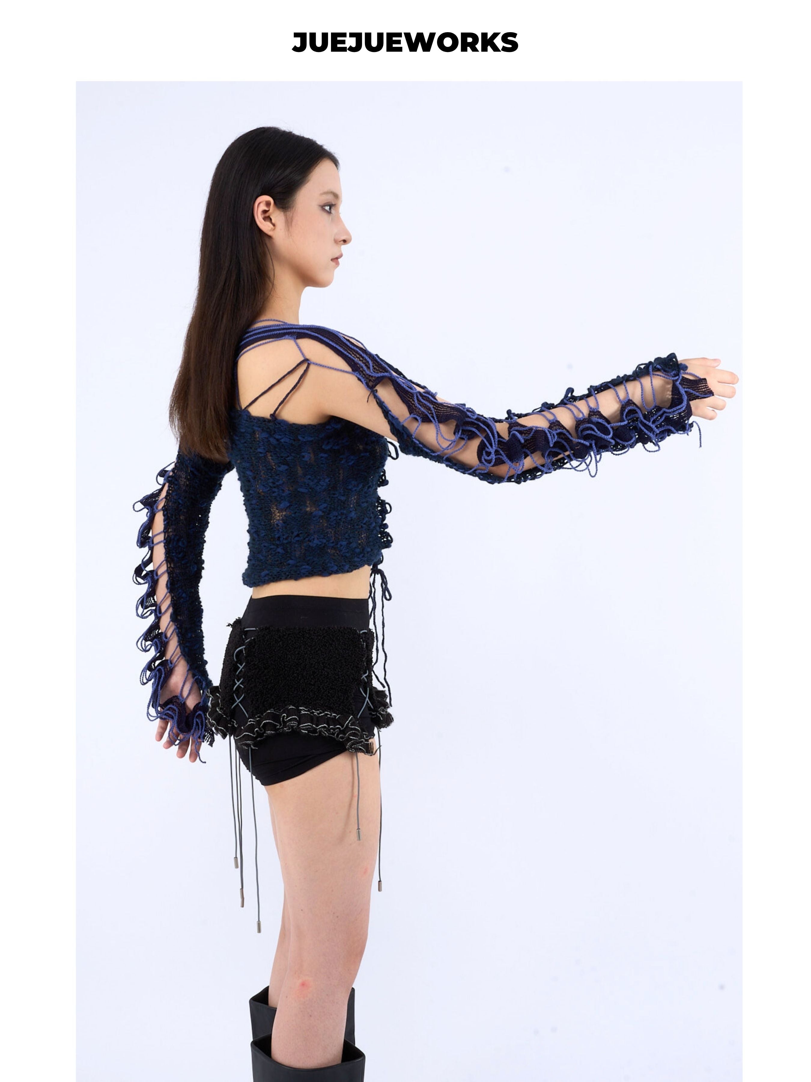 JUEJUEWORKS Reversible Lace-Up Mesh Knit Long Sleeve Top, Slim Fit Handmade Textured Knit