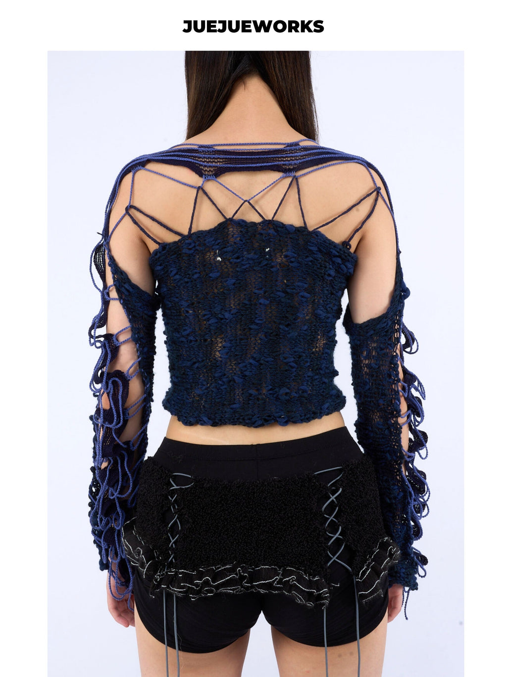 JUEJUEWORKS Reversible Lace-Up Mesh Knit Long Sleeve Top, Slim Fit Handmade Textured Knit