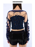JUEJUEWORKS Reversible Lace-Up Mesh Knit Long Sleeve Top, Slim Fit Handmade Textured Knit
