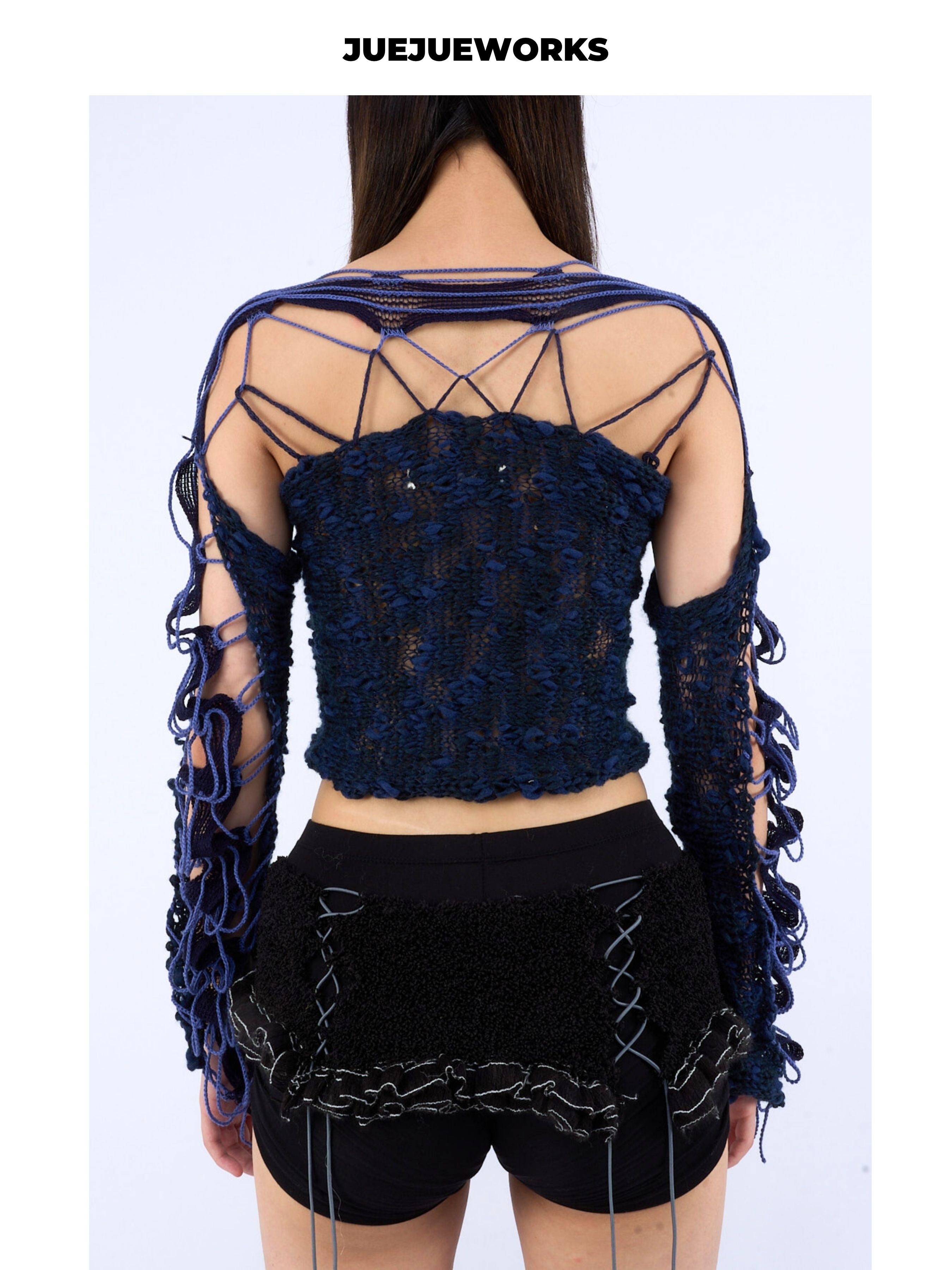JUEJUEWORKS Reversible Lace-Up Mesh Knit Long Sleeve Top, Slim Fit Handmade Textured Knit