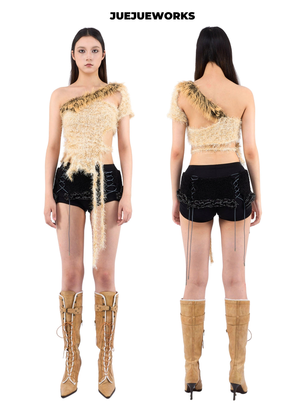JUEJUEWORKS Leopard Fringe One Shoulder Knit Top, Slim Fit Adjustable Handmade Knit Crop Top