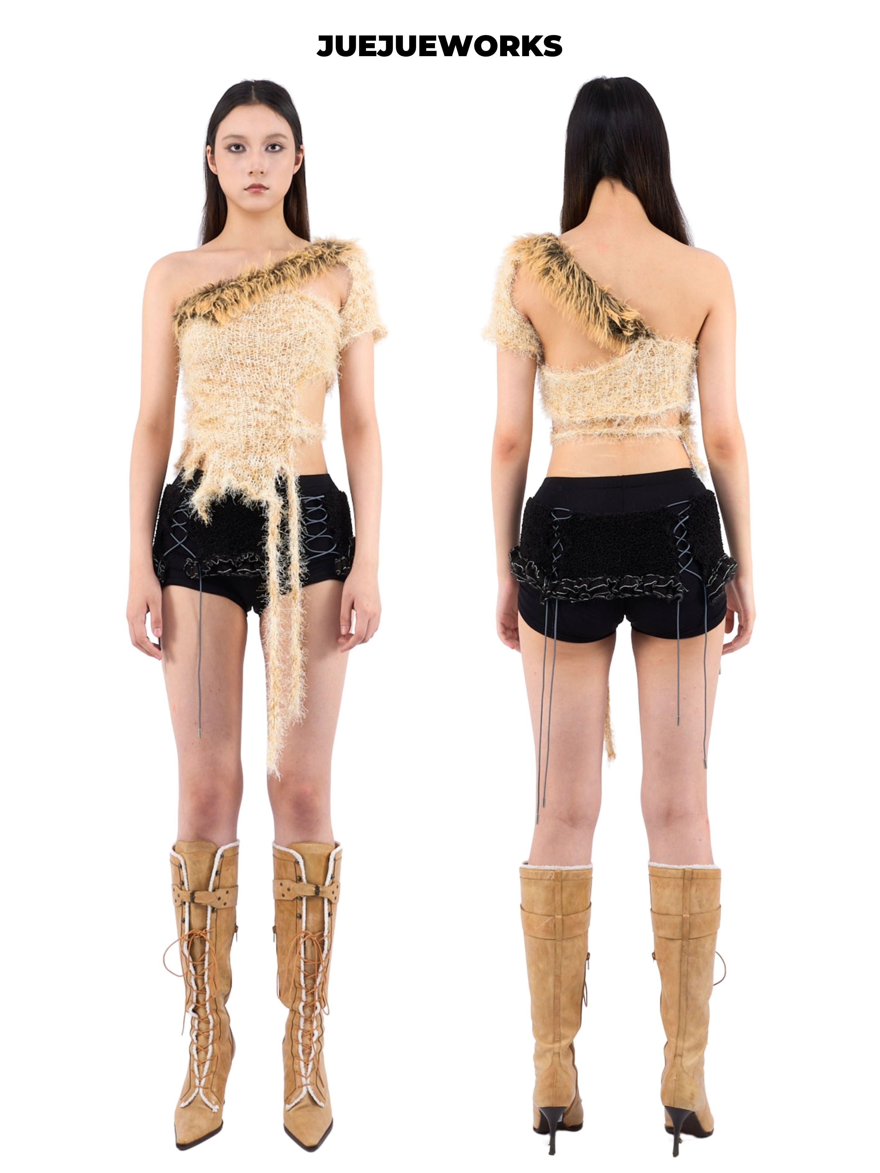 JUEJUEWORKS Leopard Fringe One Shoulder Knit Top, Slim Fit Adjustable Handmade Knit Crop Top