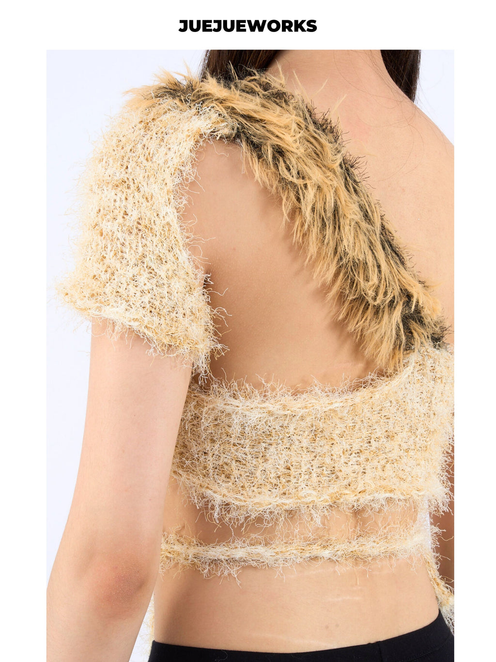 JUEJUEWORKS Leopard Fringe One Shoulder Knit Top, Slim Fit Adjustable Handmade Knit Crop Top