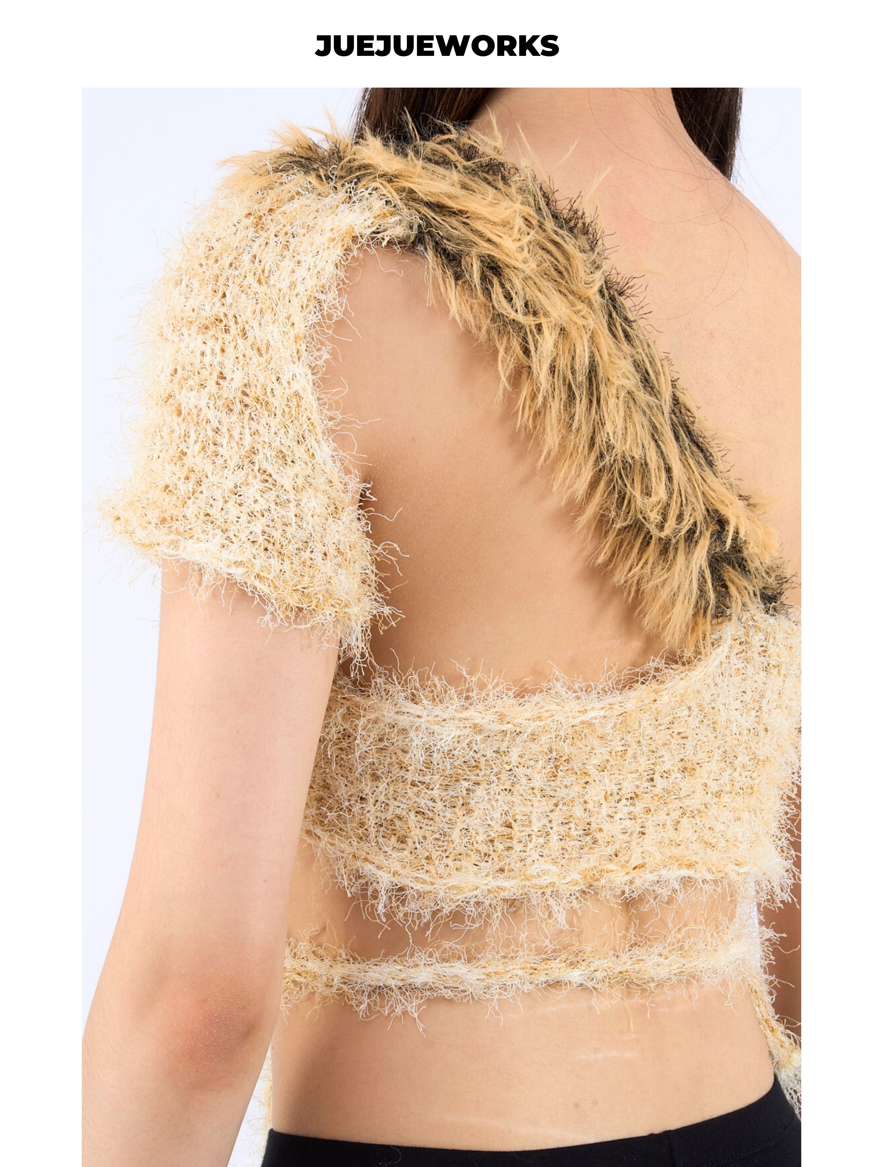 JUEJUEWORKS Leopard Fringe One Shoulder Knit Top, Slim Fit Adjustable Handmade Knit Crop Top