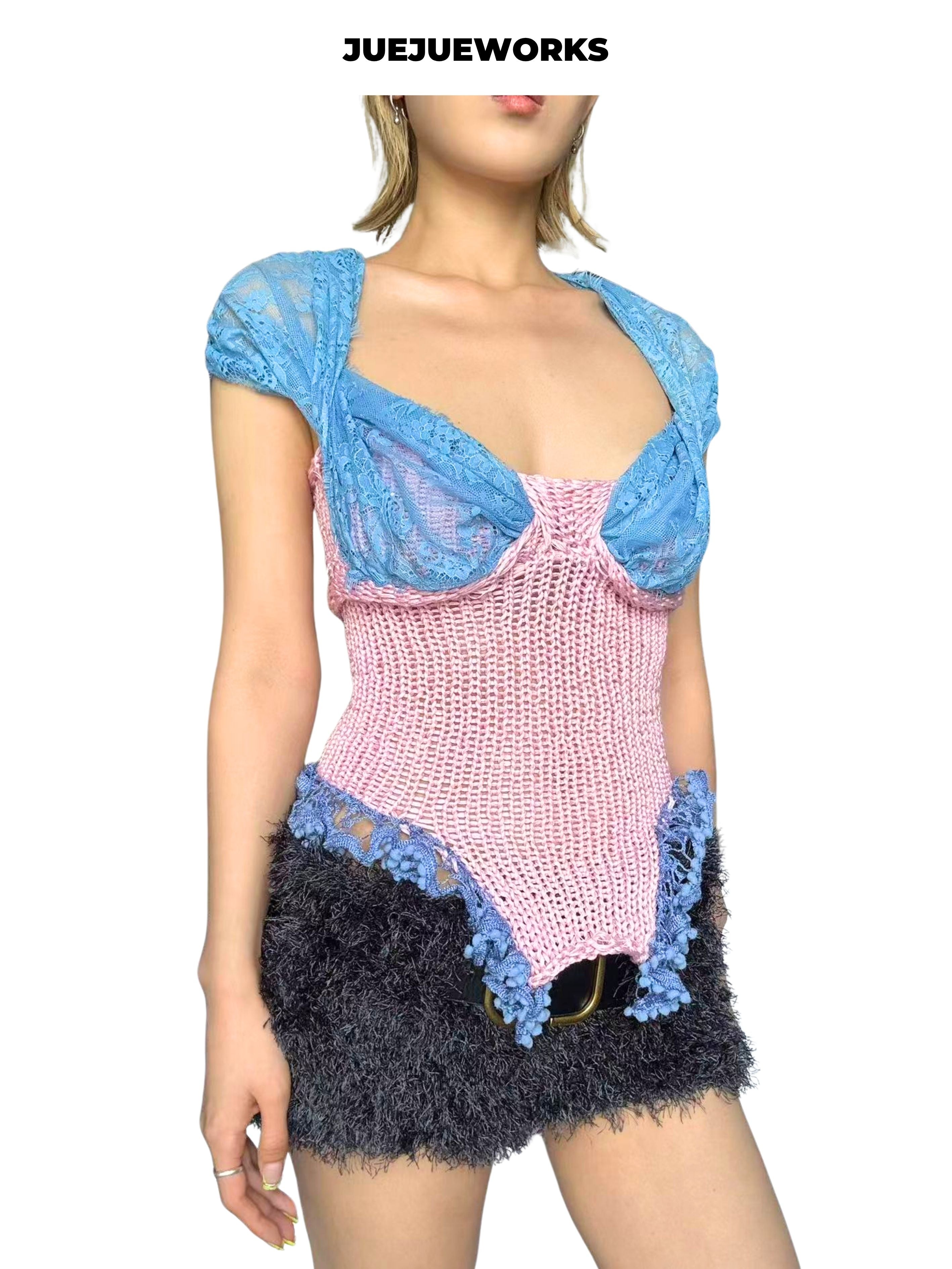 JUEJUEWORKS Pink Blue Mermaid Knit Cami, High Stretch Adjustable Handmade Yarn Knit Summer Crop Top