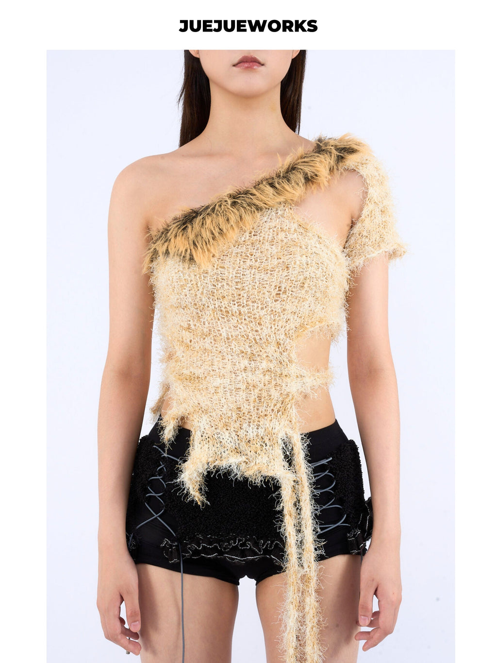 JUEJUEWORKS Leopard Fringe One Shoulder Knit Top, Slim Fit Adjustable Handmade Knit Crop Top