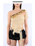 JUEJUEWORKS Leopard Fringe One Shoulder Knit Top, Slim Fit Adjustable Handmade Knit Crop Top