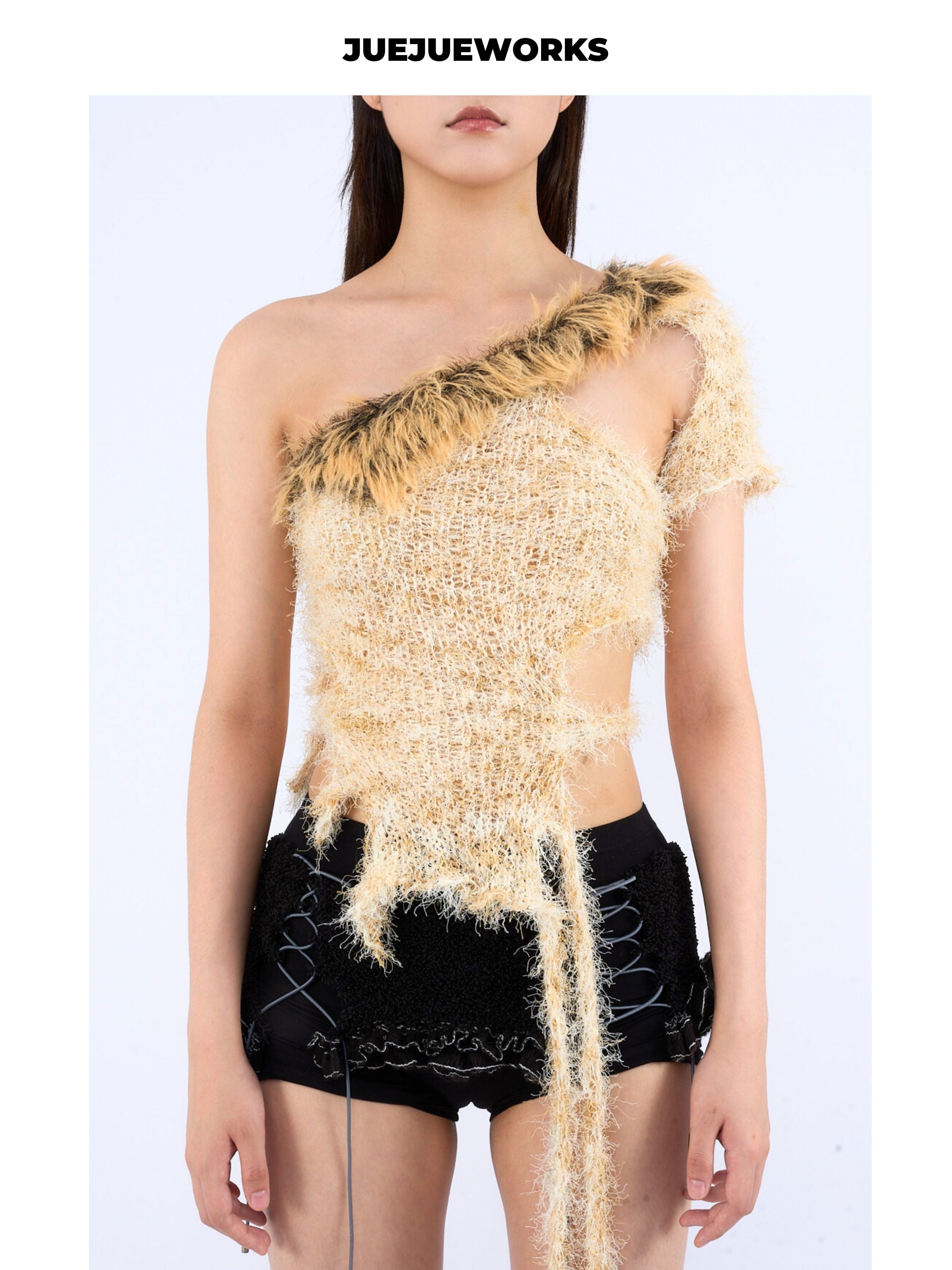 JUEJUEWORKS Leopard Fringe One Shoulder Knit Top, Slim Fit Adjustable Handmade Knit Crop Top