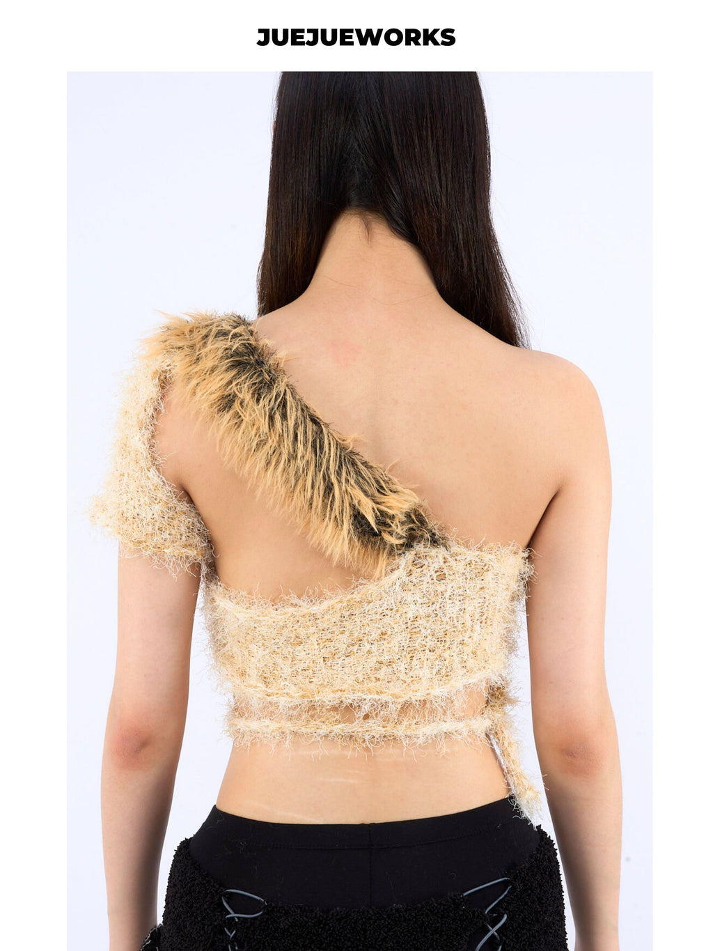 JUEJUEWORKS Leopard Fringe One Shoulder Knit Top, Slim Fit Adjustable Handmade Knit Crop Top