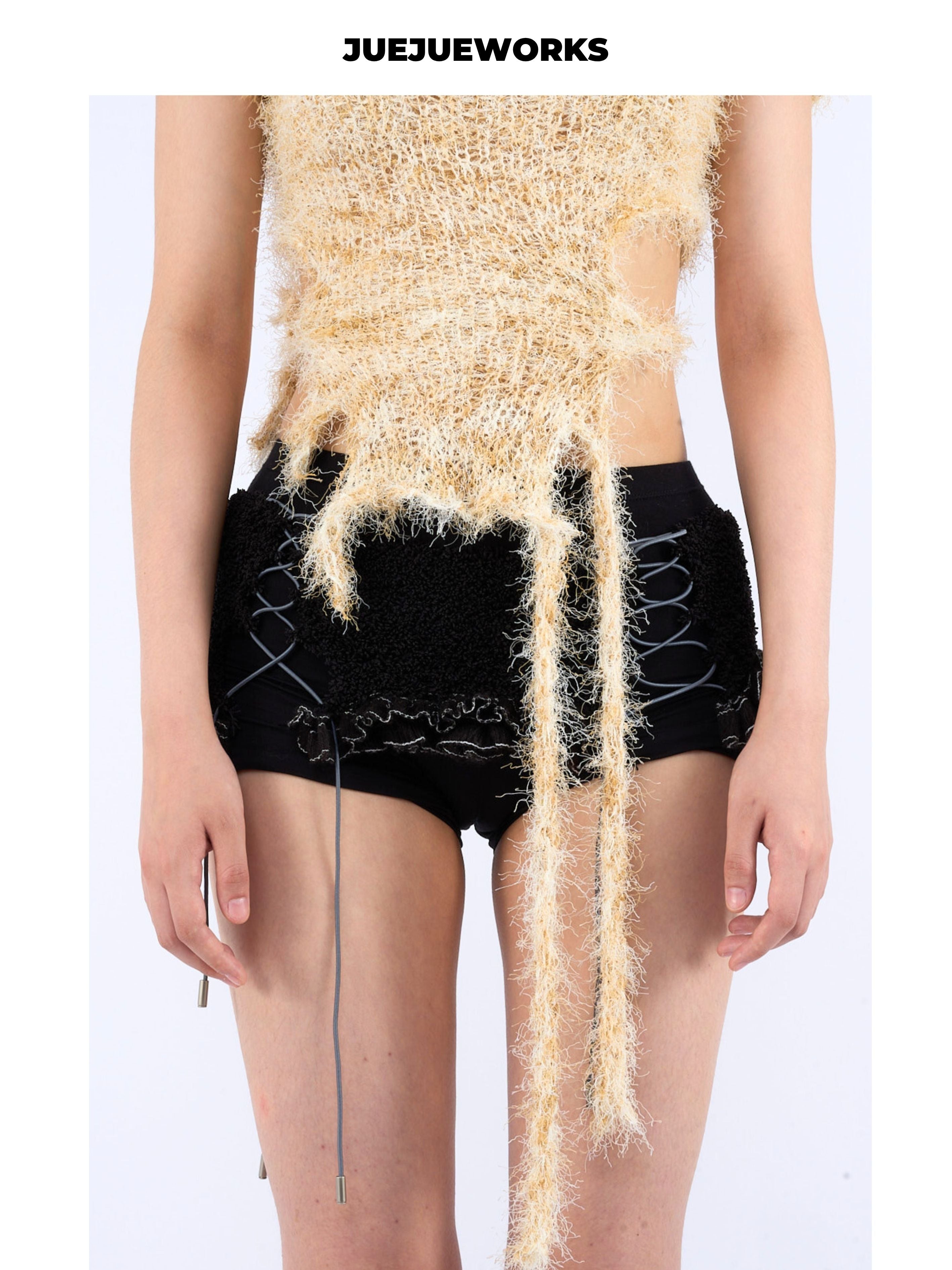 JUEJUEWORKS Leopard Fringe One Shoulder Knit Top, Slim Fit Adjustable Handmade Knit Crop Top