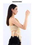 JUEJUEWORKS Leopard Fringe One Shoulder Knit Top, Slim Fit Adjustable Handmade Knit Crop Top