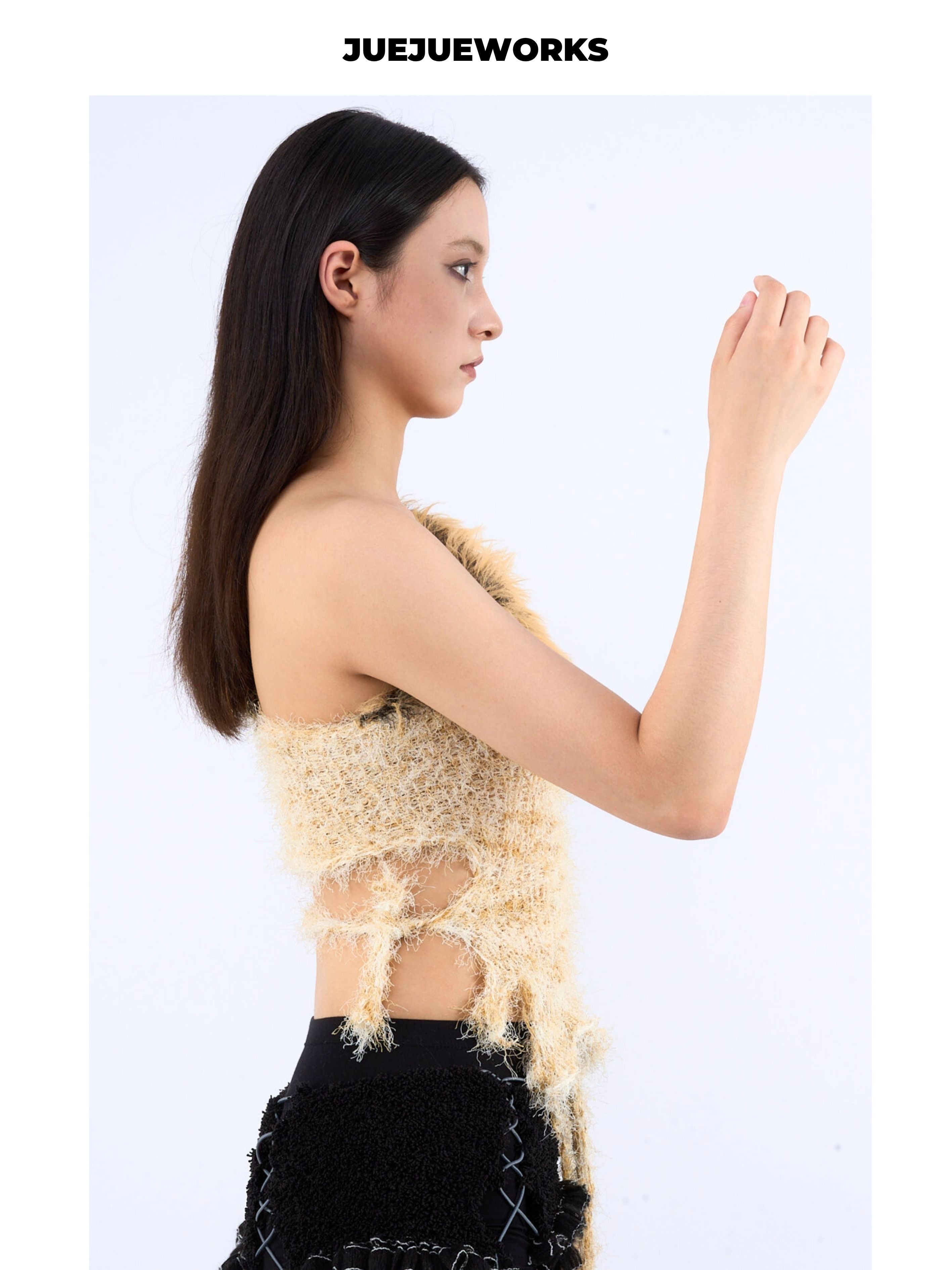 JUEJUEWORKS Leopard Fringe One Shoulder Knit Top, Slim Fit Adjustable Handmade Knit Crop Top