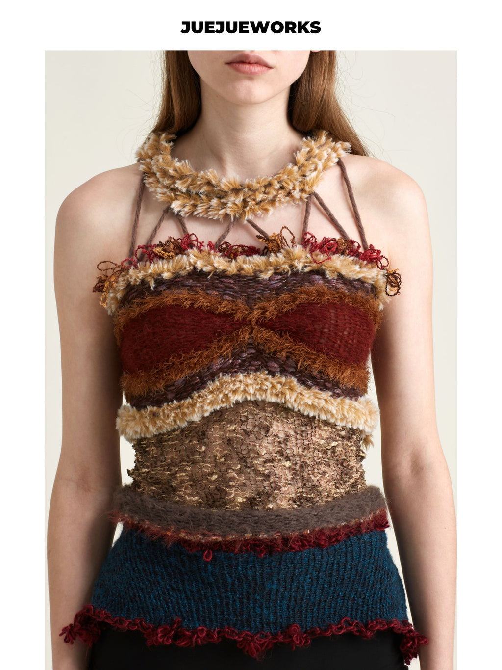 JUEJUEWORKS Distressed Fringe Lace-Up Knit Cami, Hollow Out High Stretch Handmade Knit Crop Top, Long & Short Two Versions