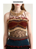 JUEJUEWORKS Distressed Fringe Lace-Up Knit Cami, Hollow Out High Stretch Handmade Knit Crop Top, Long & Short Two Versions