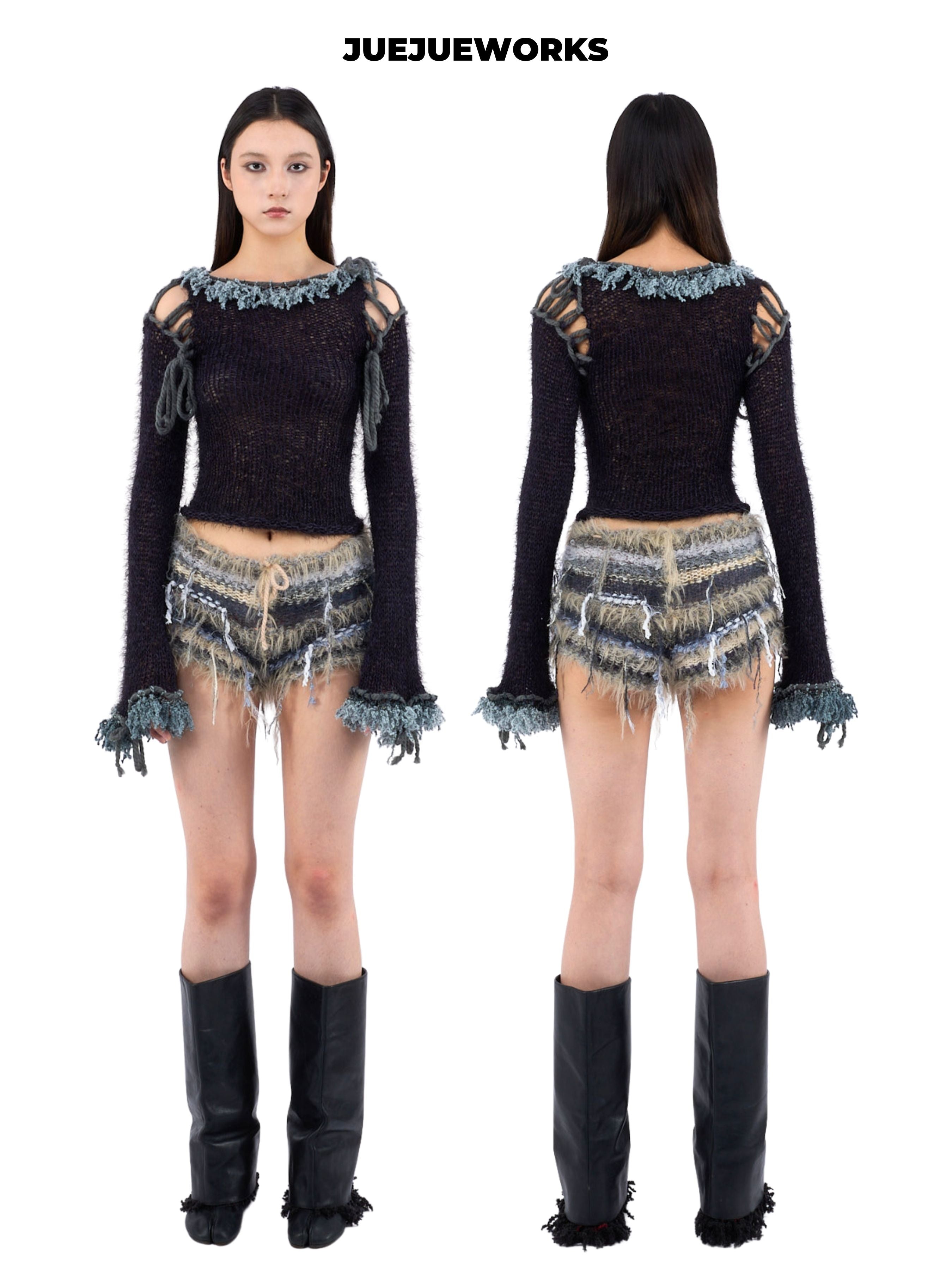 JUEJUEWORKS Black Frayed Trim Cutout Off Shoulder Long Sleeve Top, High Stretch Slim Fit Handmade Knit