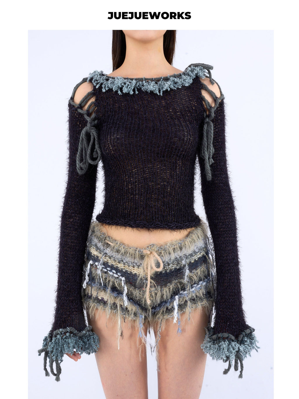 JUEJUEWORKS Black Frayed Trim Cutout Off Shoulder Long Sleeve Top, High Stretch Slim Fit Handmade Knit