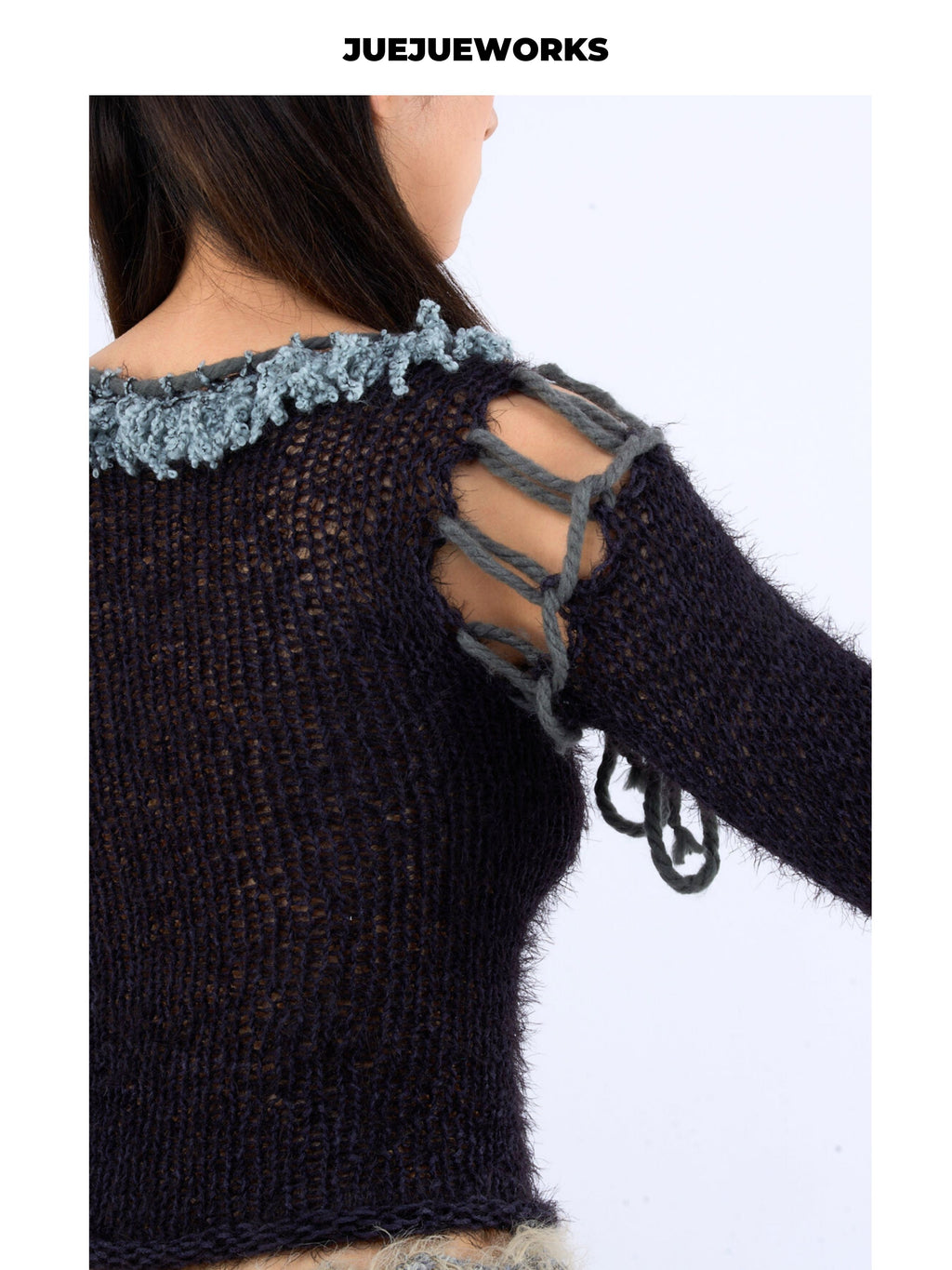 JUEJUEWORKS Black Frayed Trim Cutout Off Shoulder Long Sleeve Top, High Stretch Slim Fit Handmade Knit