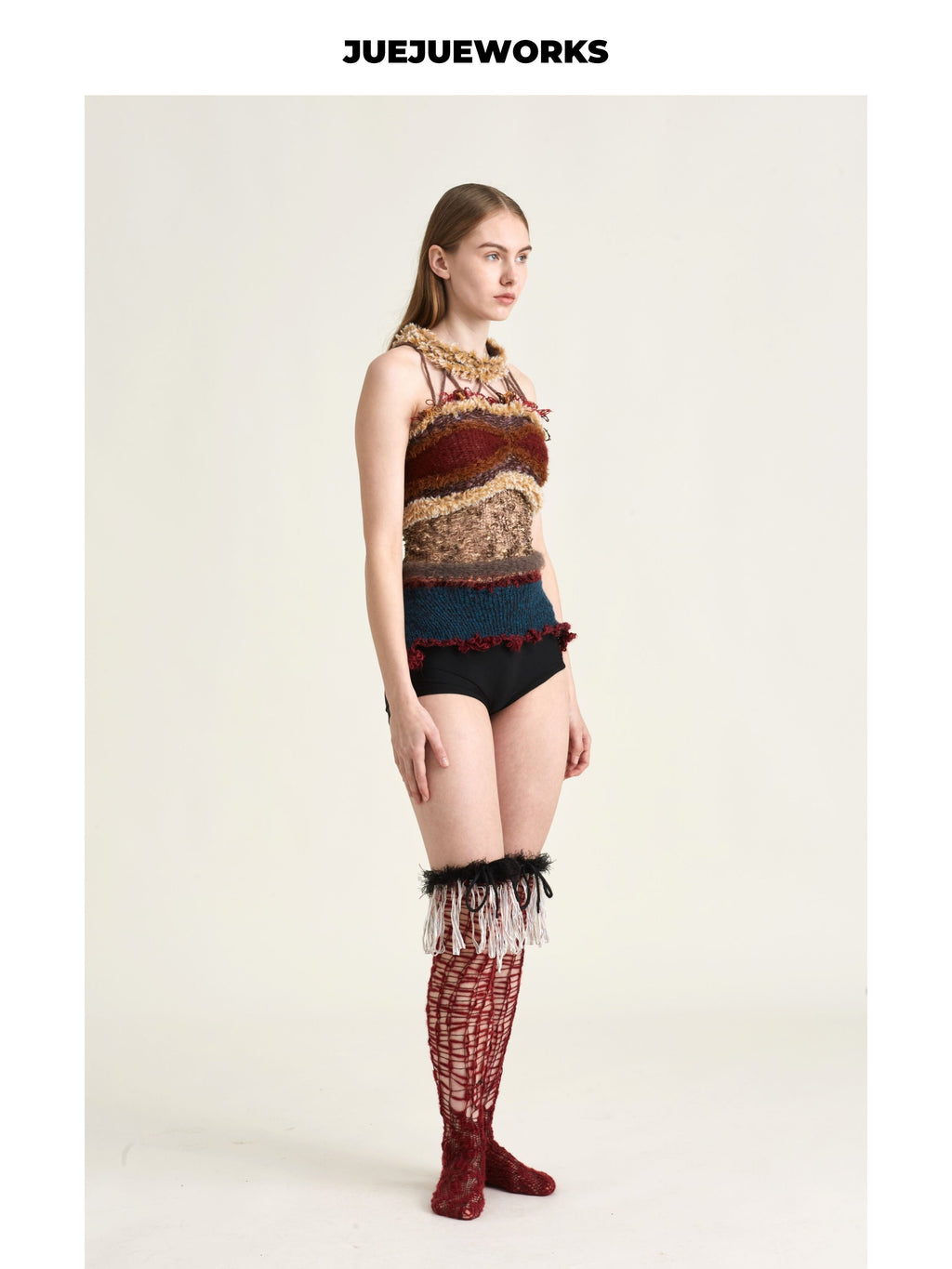 JUEJUEWORKS Distressed Fringe Lace-Up Knit Cami, Hollow Out High Stretch Handmade Knit Crop Top, Long & Short Two Versions