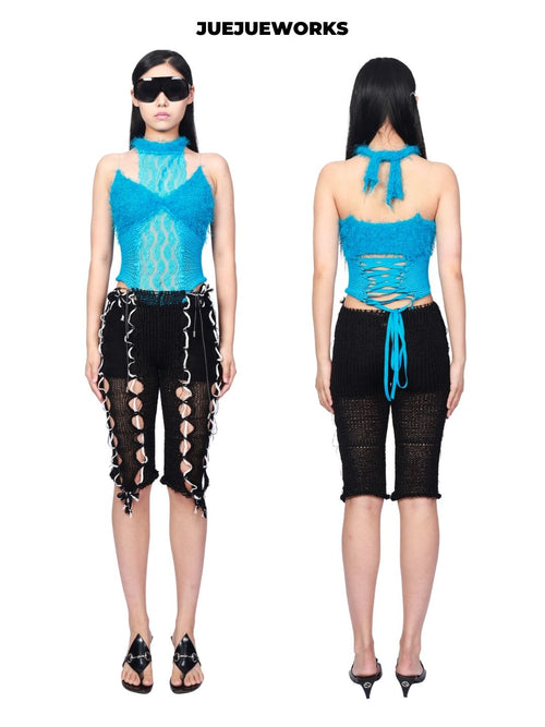 JUEJUEWORKS Blue Dragonfly Tank Top, Original Summer High-Stretch, Adjustable Back, Hand-Knitted Yarn Knit