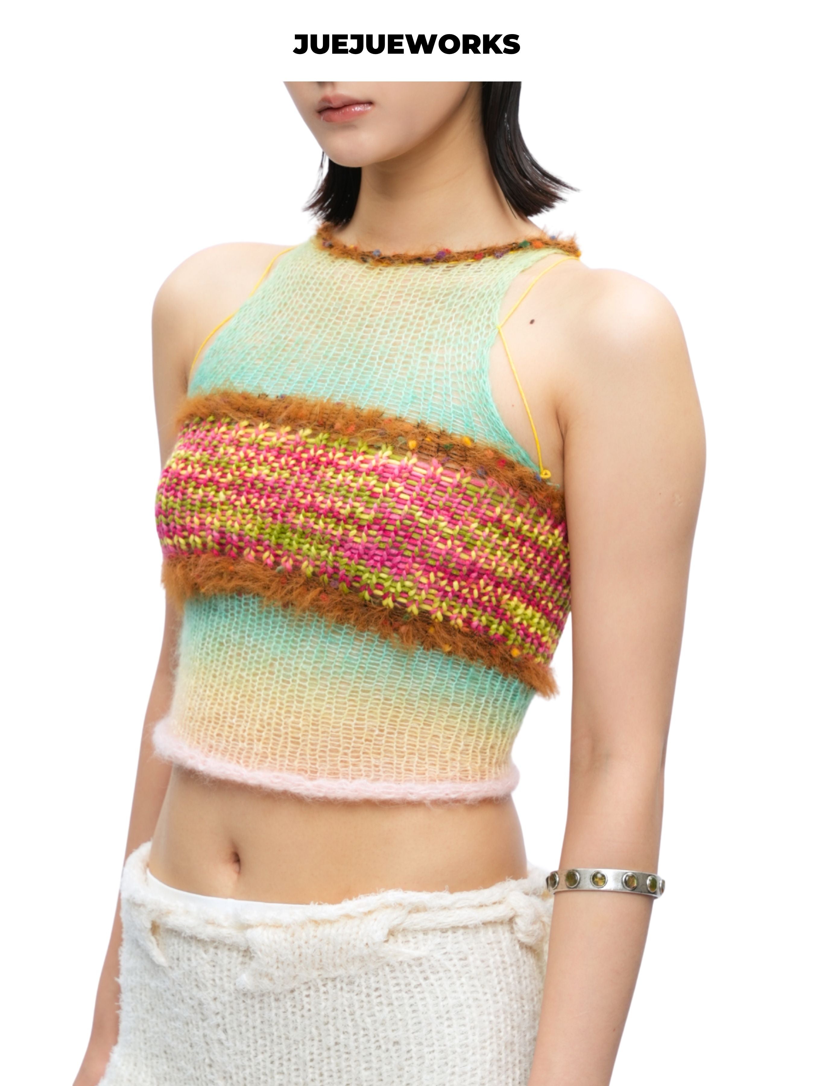JUEJUEWORKS Yellow Gradient Rainbow Knit Cami Top, Original Color Block Tie Back Handmade Knit Camisole