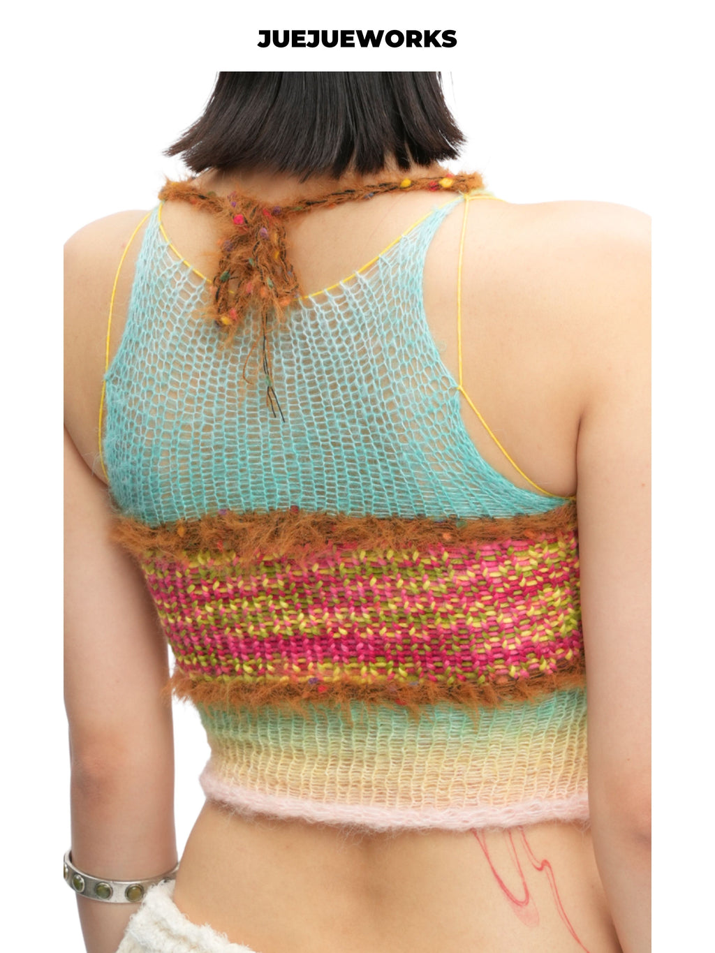 JUEJUEWORKS Yellow Gradient Rainbow Knit Cami Top, Original Color Block Tie Back Handmade Knit Camisole
