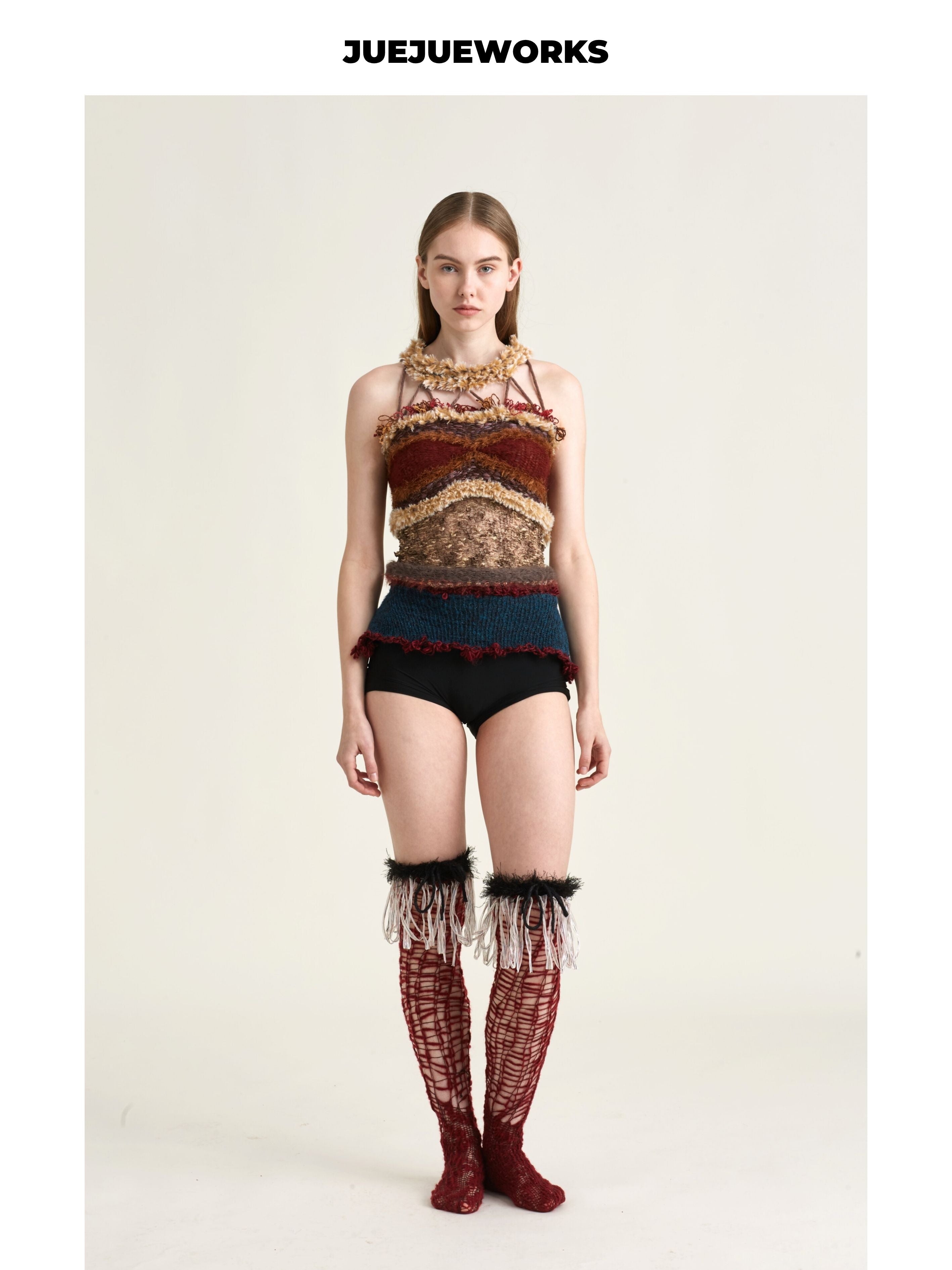 JUEJUEWORKS Distressed Fringe Lace-Up Knit Cami, Hollow Out High Stretch Handmade Knit Crop Top, Long & Short Two Versions