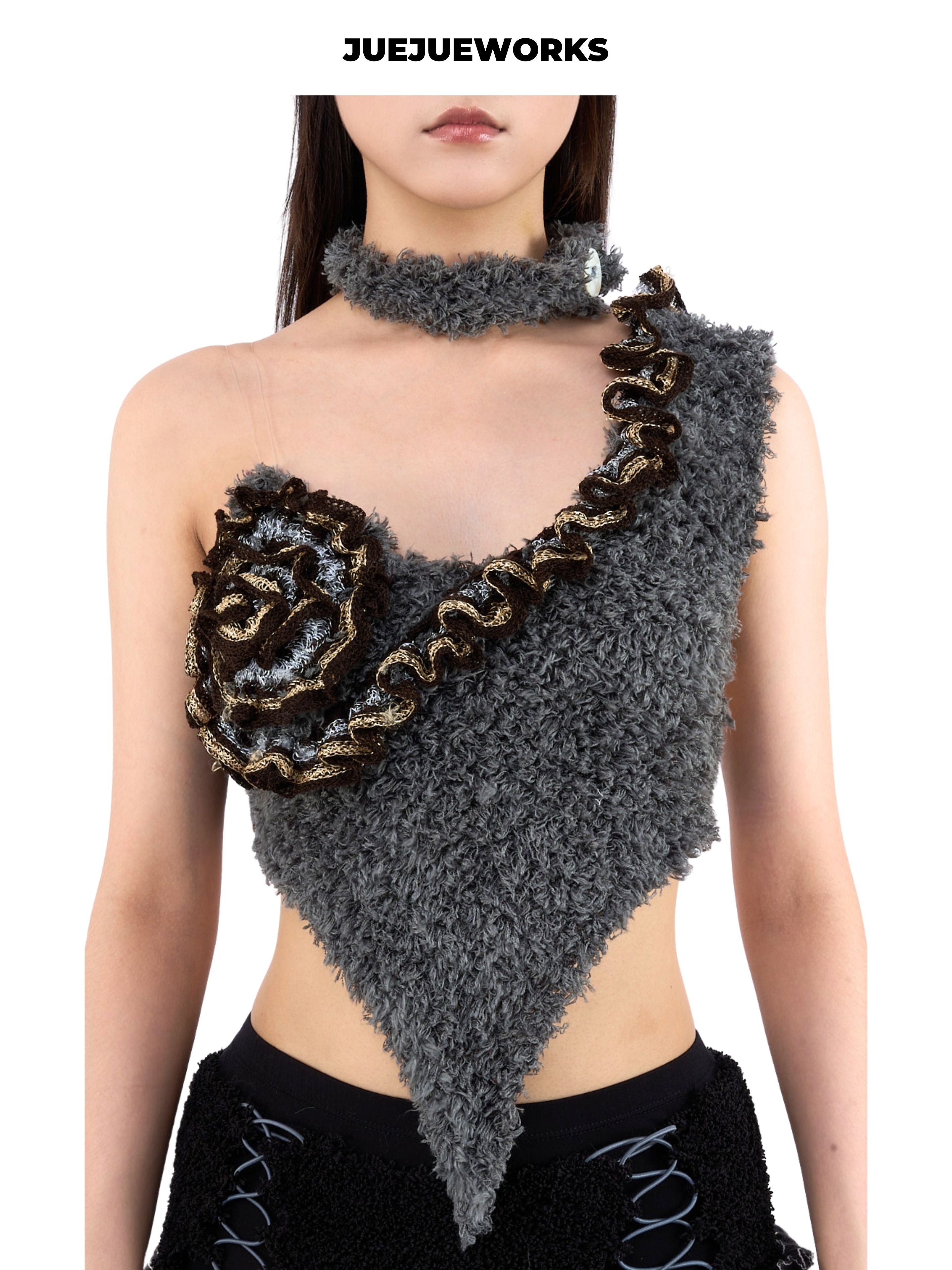 JUEJUEWORKS Button Choker Single Flower Cami, Handmade Asymmetric Knit Top