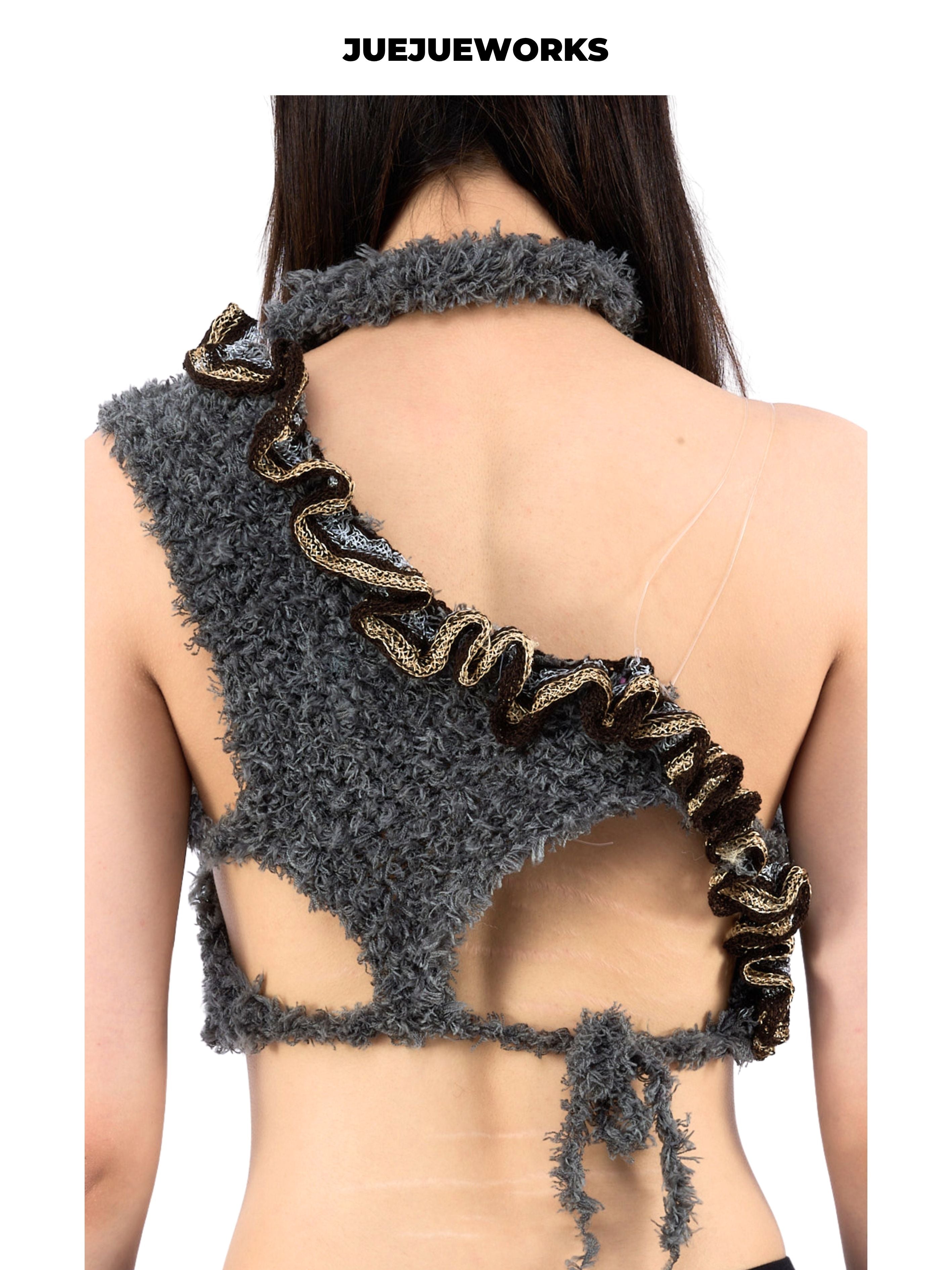JUEJUEWORKS Button Choker Single Flower Cami, Handmade Asymmetric Knit Top