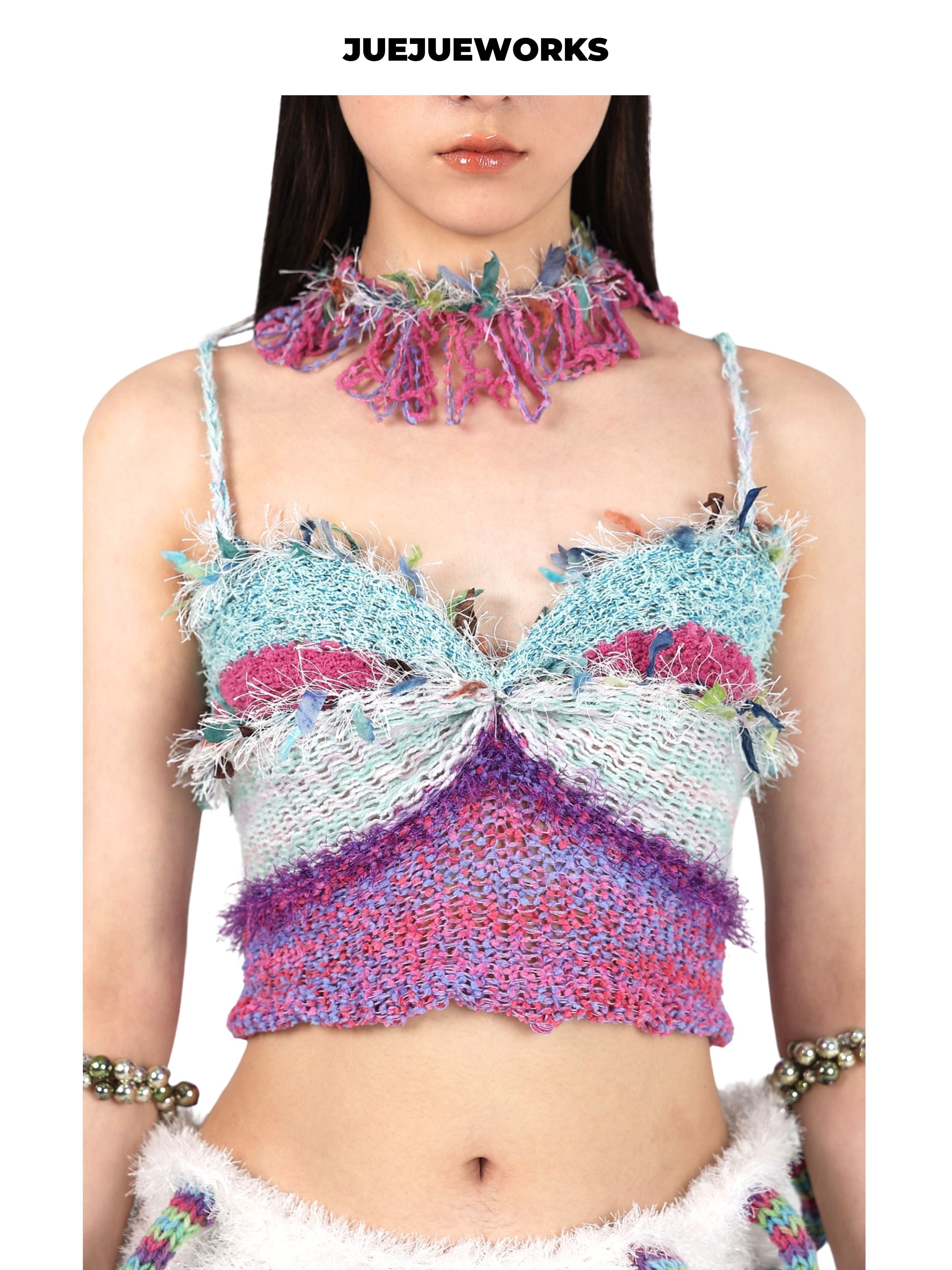 JUEJUEWORKS Shredded Fringe Neck Cami Set, Hollow Out High Stretch Handmade Knit Two Piece Set