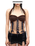 JUEJUEWORKS Coffee Corset Knit Halter Top, Lace-Up High Stretch Adjustable Handmade Yarn Knit Spring Crop Top