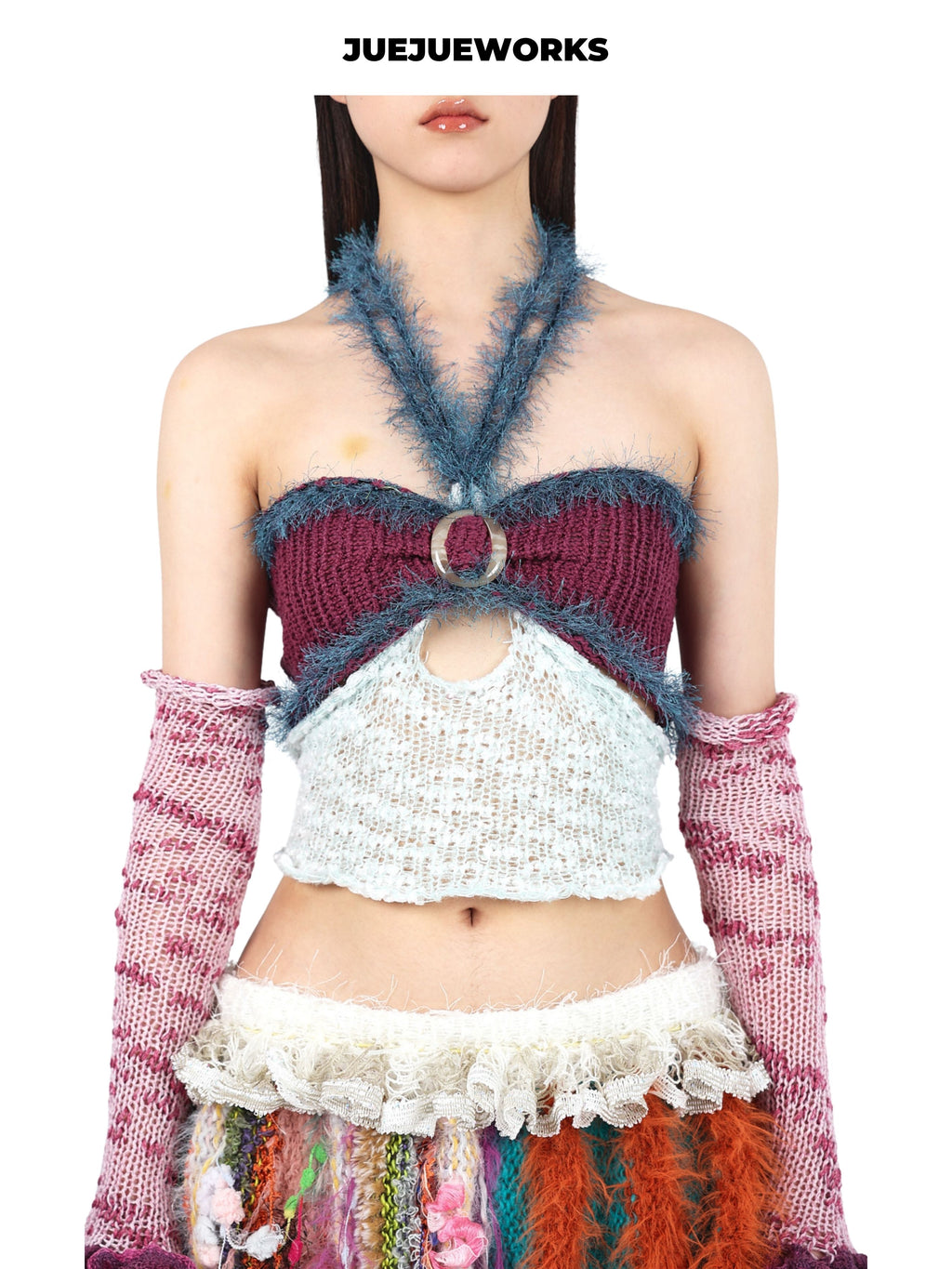 JUEJUEWORKS Plum Knit Set, Halter Cutout Cami Top with Matching Arm Warmers, High Stretch Handmade Knit Co-ord