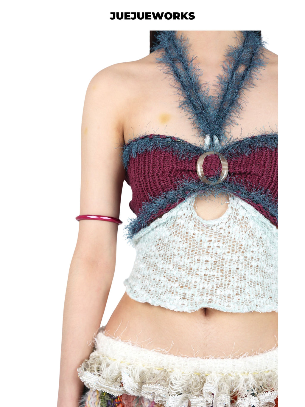 JUEJUEWORKS Plum Knit Set, Halter Cutout Cami Top with Matching Arm Warmers, High Stretch Handmade Knit Co-ord