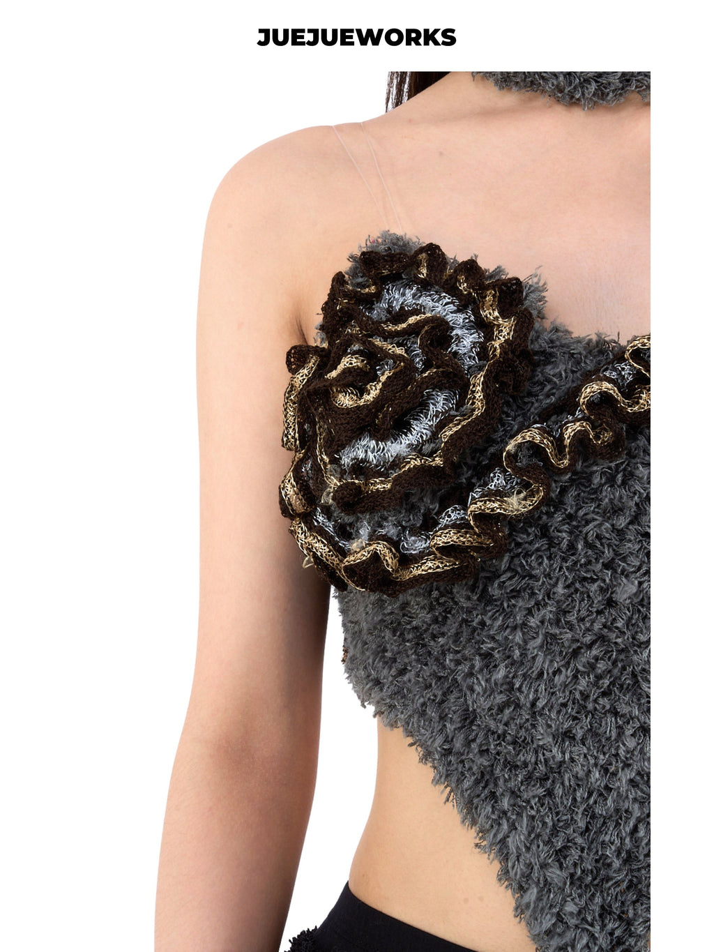 JUEJUEWORKS Button Choker Single Flower Cami, Handmade Asymmetric Knit Top