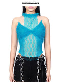 JUEJUEWORKS Blue Dragonfly Tank Top, Original Summer High-Stretch, Adjustable Back, Hand-Knitted Yarn Knit