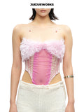 JUEJUEWORKS Pink Feather Fluffy Strapless Bodysuit, Sheer Mesh Handmade Knit Cami Top