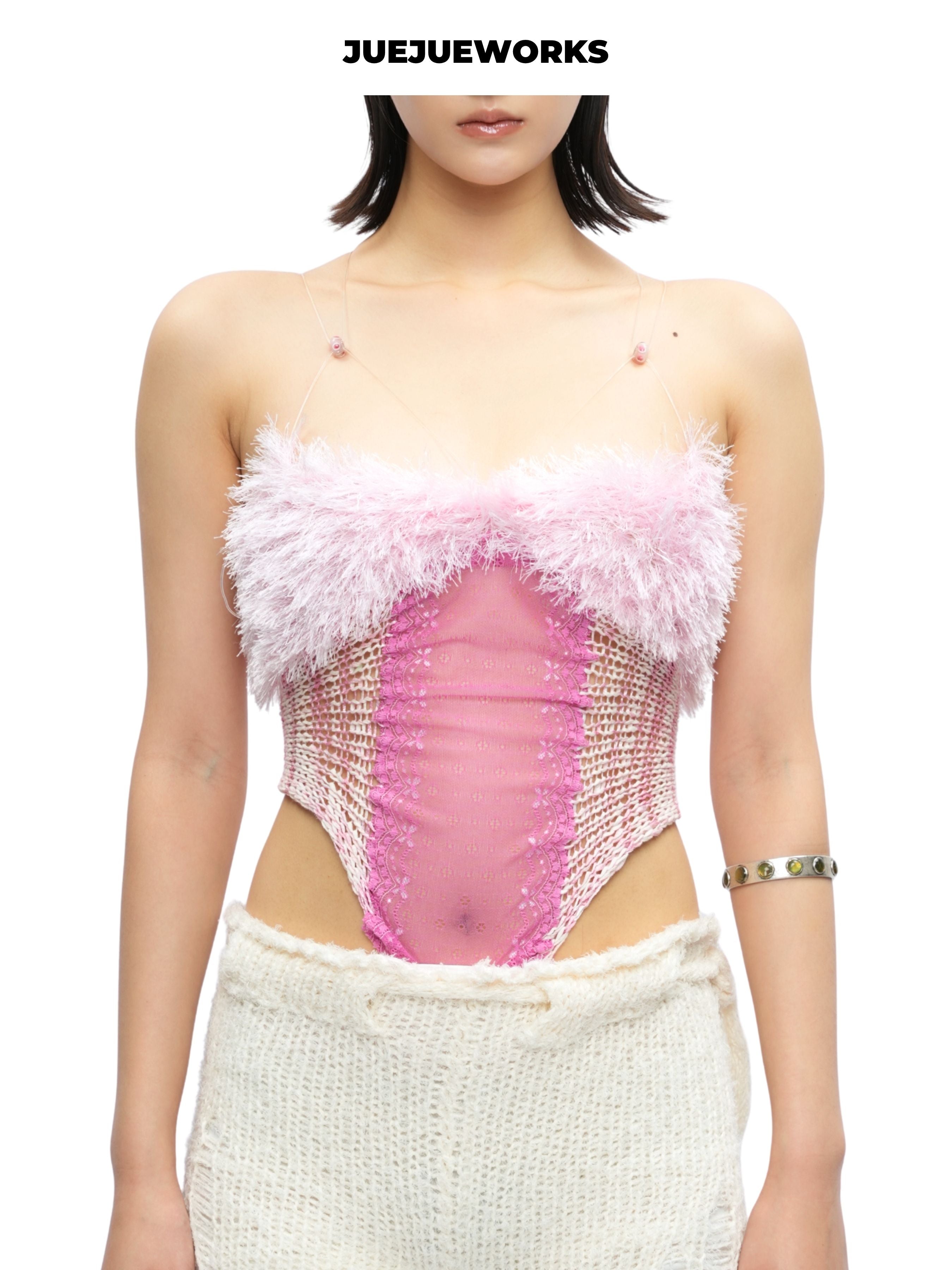 JUEJUEWORKS Pink Feather Fluffy Strapless Bodysuit, Sheer Mesh Handmade Knit Cami Top
