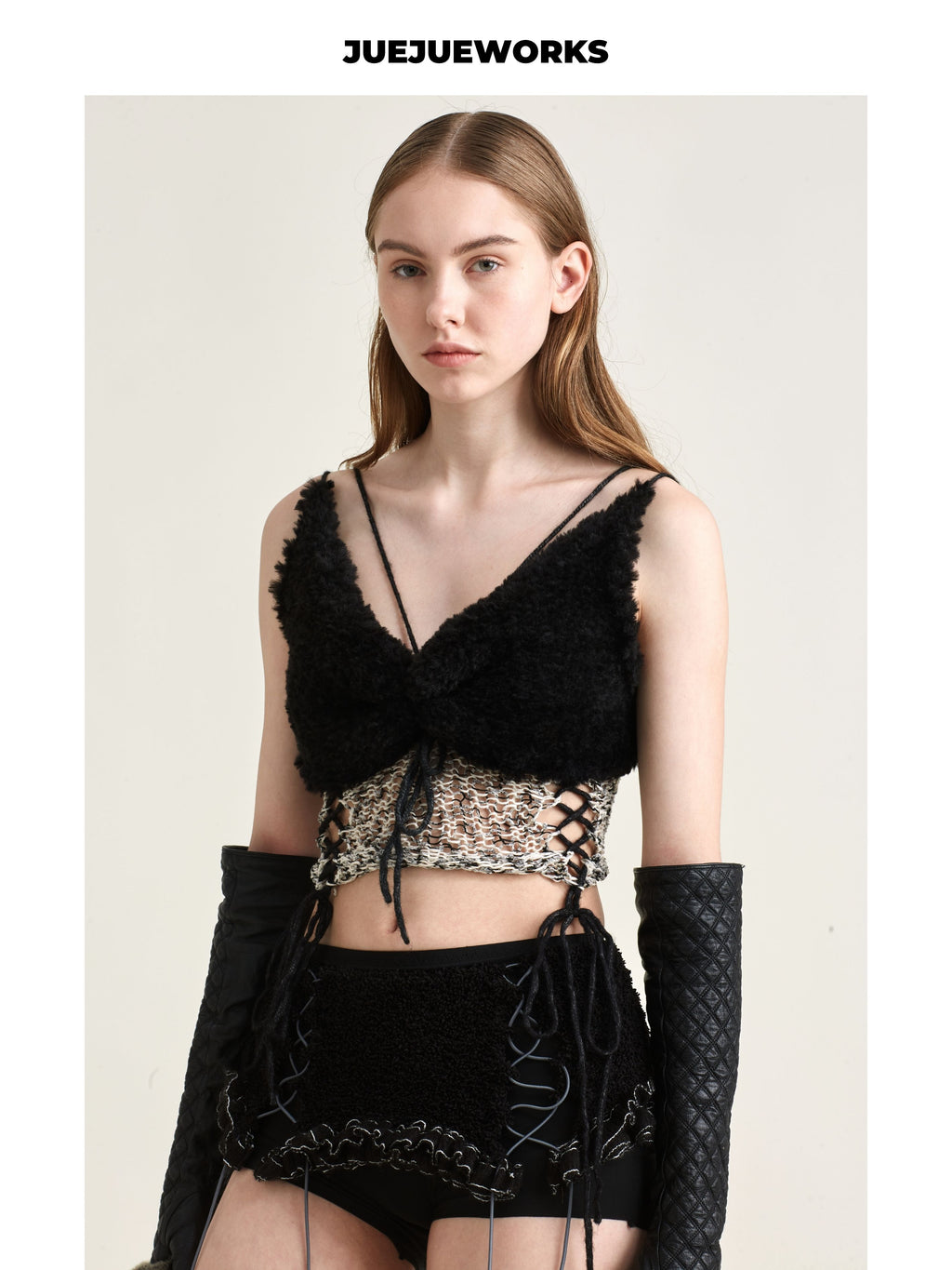JUEJUEWORKS Black Camel Hollow Out Lace-Up Knit Cami, High Stretch Handmade Knit Crop Top, Spring New Arrival