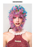 JUEJUEWORKS Pink Fluffy Earflap Hat, Warm Furry Stylish Hat with High Stretch, Handmade Yarn Knit