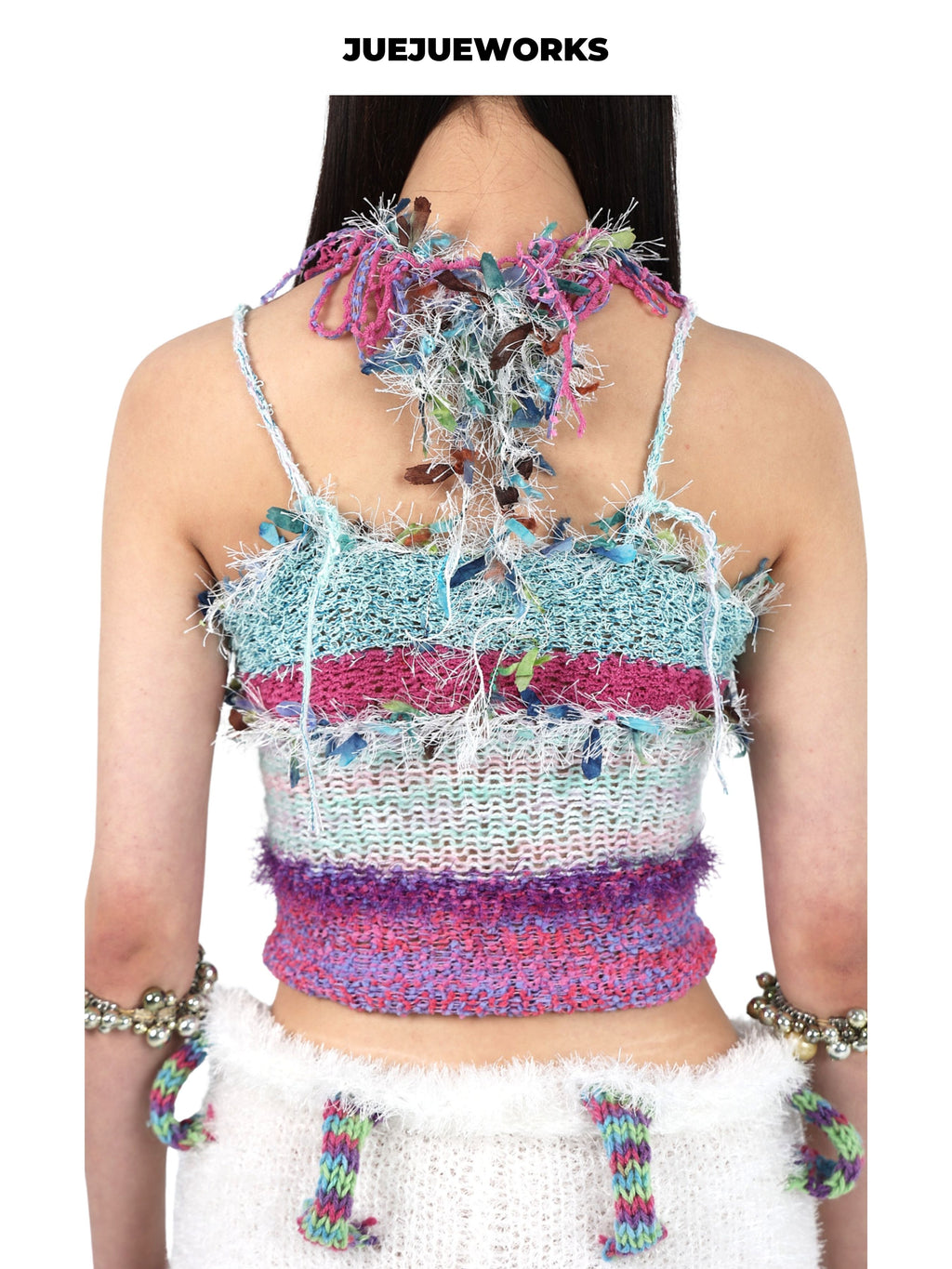 JUEJUEWORKS Shredded Fringe Neck Cami Set, Hollow Out High Stretch Handmade Knit Two Piece Set