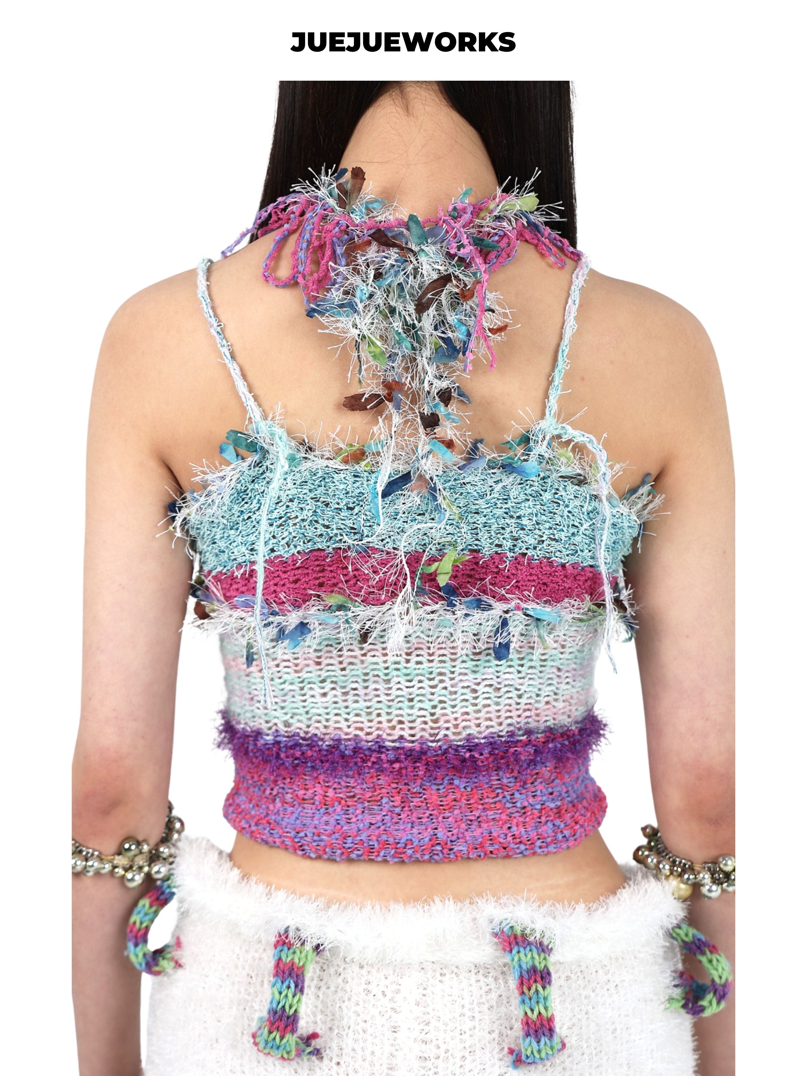 JUEJUEWORKS Shredded Fringe Neck Cami Set, Hollow Out High Stretch Handmade Knit Two Piece Set