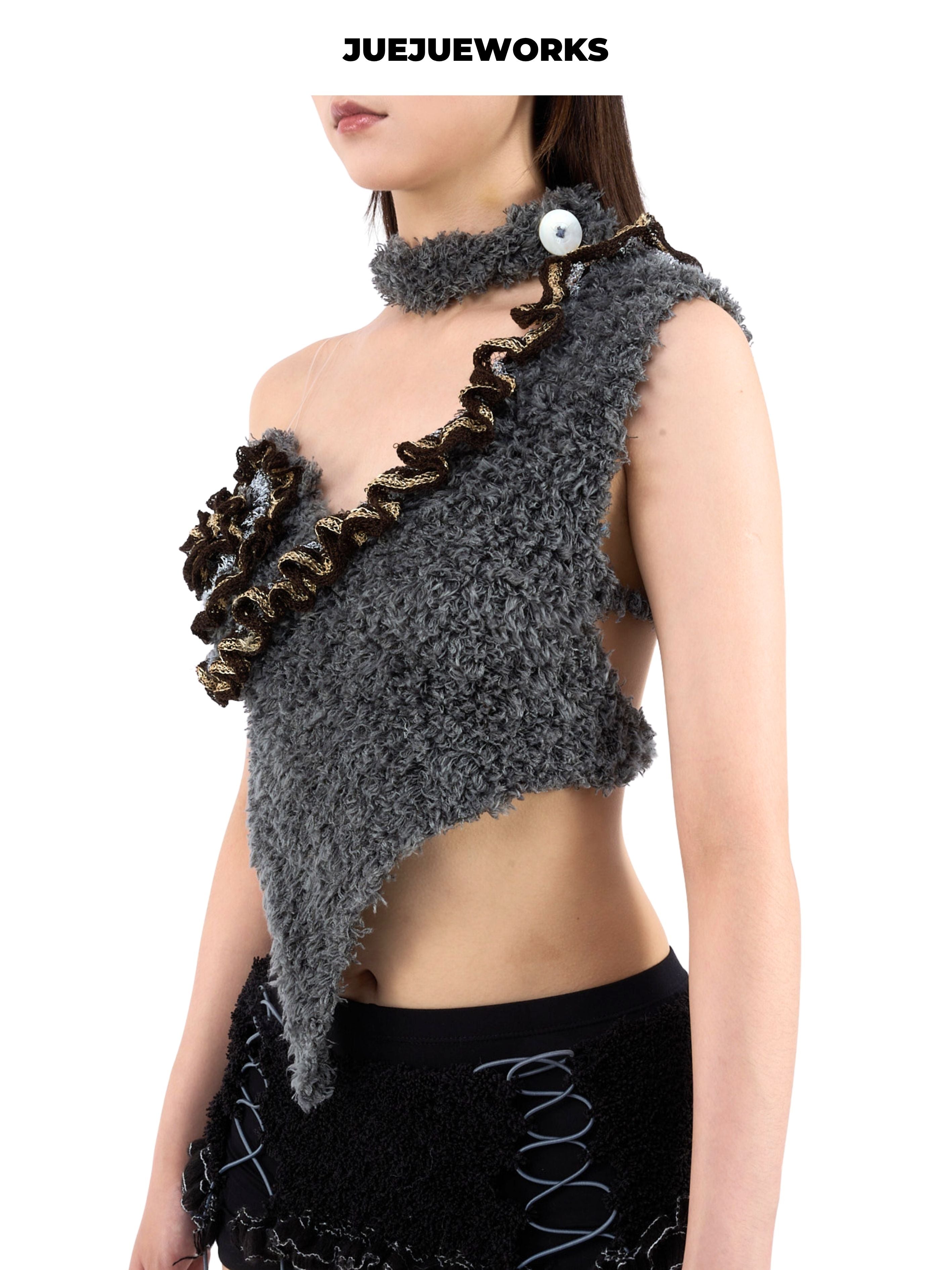 JUEJUEWORKS Button Choker Single Flower Cami, Handmade Asymmetric Knit Top