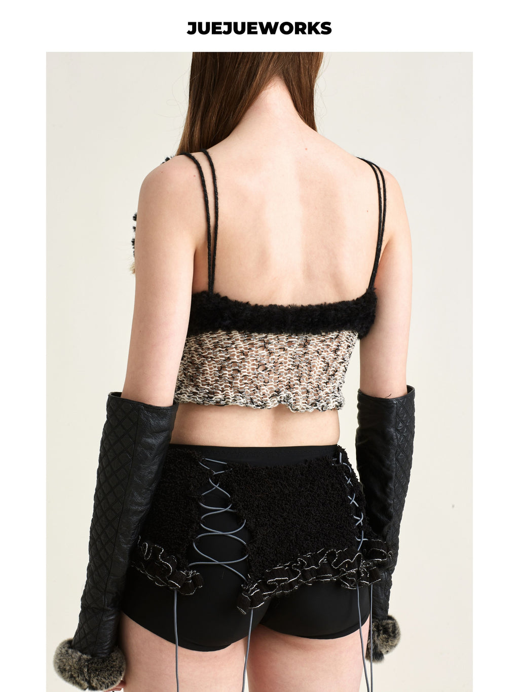 JUEJUEWORKS Black Camel Hollow Out Lace-Up Knit Cami, High Stretch Handmade Knit Crop Top, Spring New Arrival