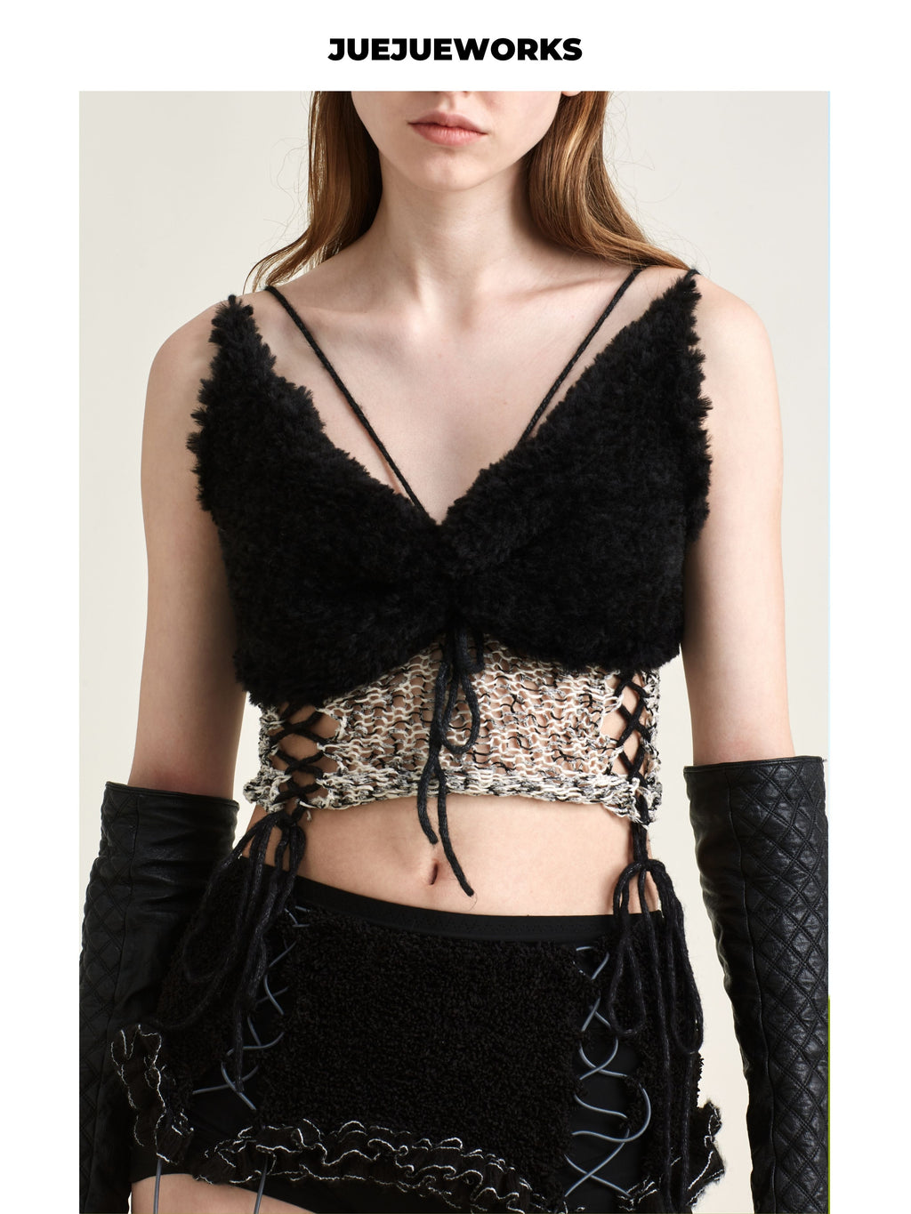 JUEJUEWORKS Black Camel Hollow Out Lace-Up Knit Cami, High Stretch Handmade Knit Crop Top, Spring New Arrival