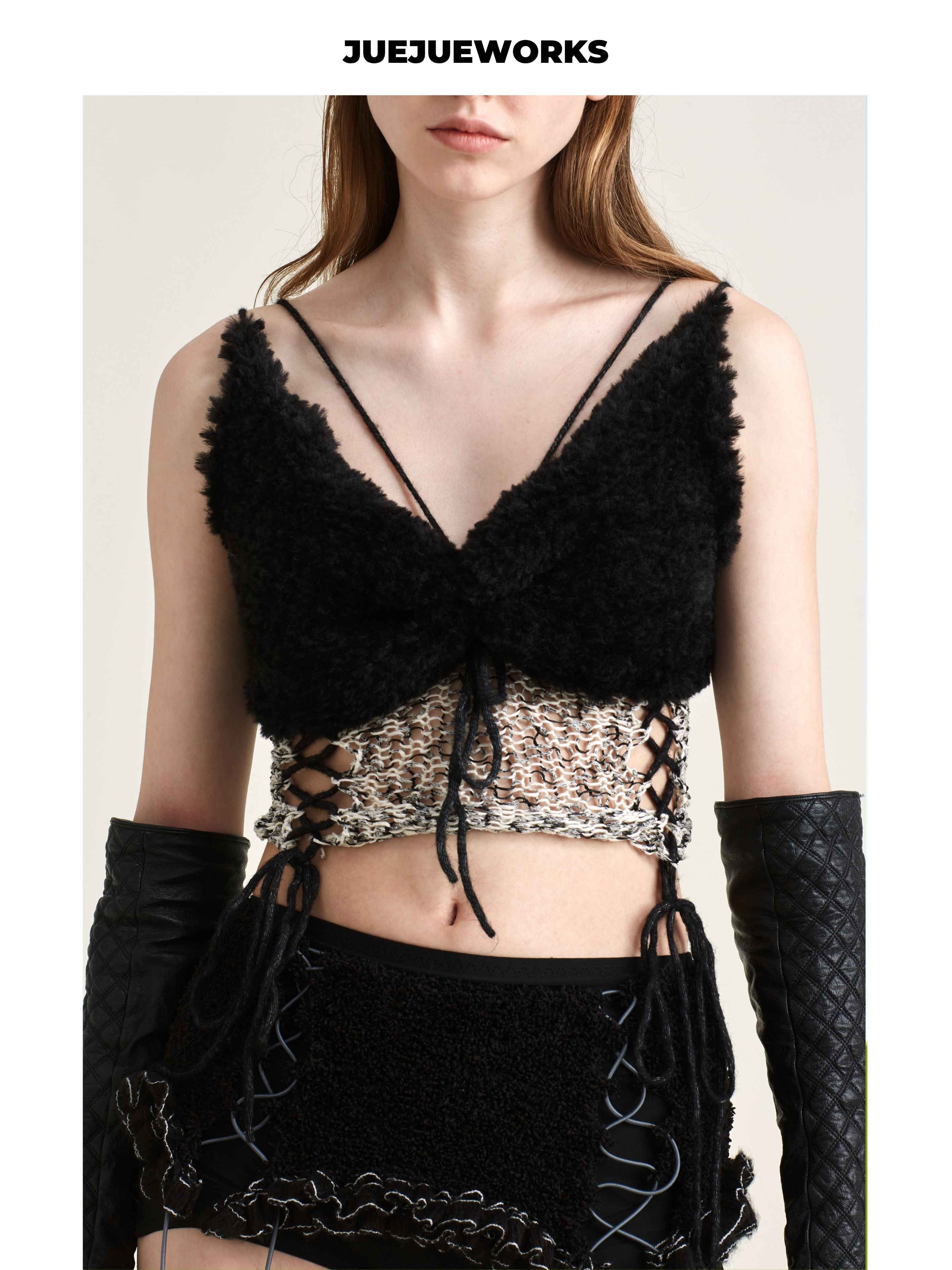 JUEJUEWORKS Black Camel Hollow Out Lace-Up Knit Cami, High Stretch Handmade Knit Crop Top, Spring New Arrival