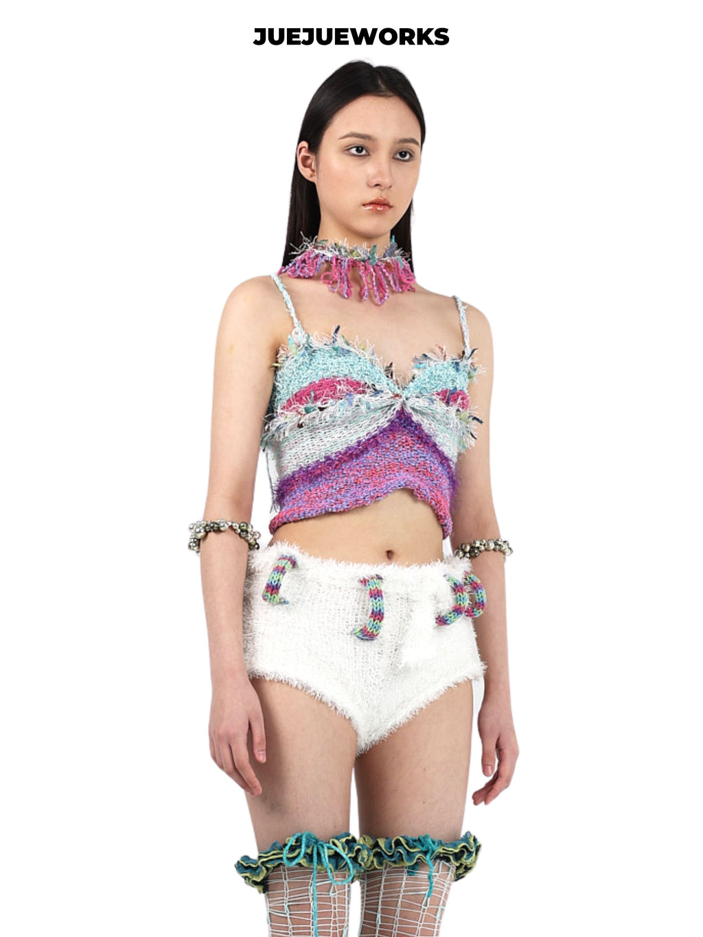 JUEJUEWORKS Shredded Fringe Neck Cami Set, Hollow Out High Stretch Handmade Knit Two Piece Set