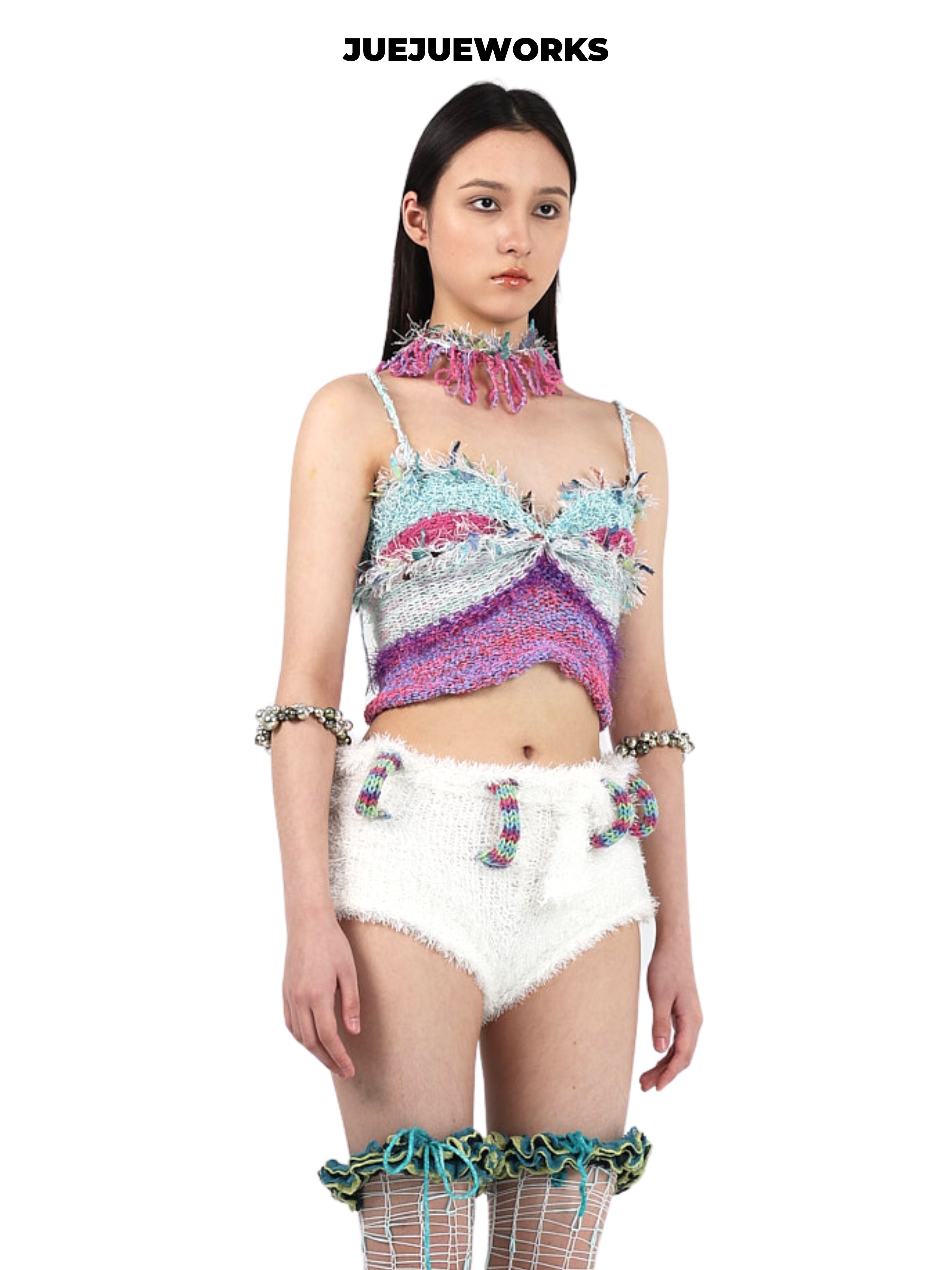 JUEJUEWORKS Shredded Fringe Neck Cami Set, Hollow Out High Stretch Handmade Knit Two Piece Set